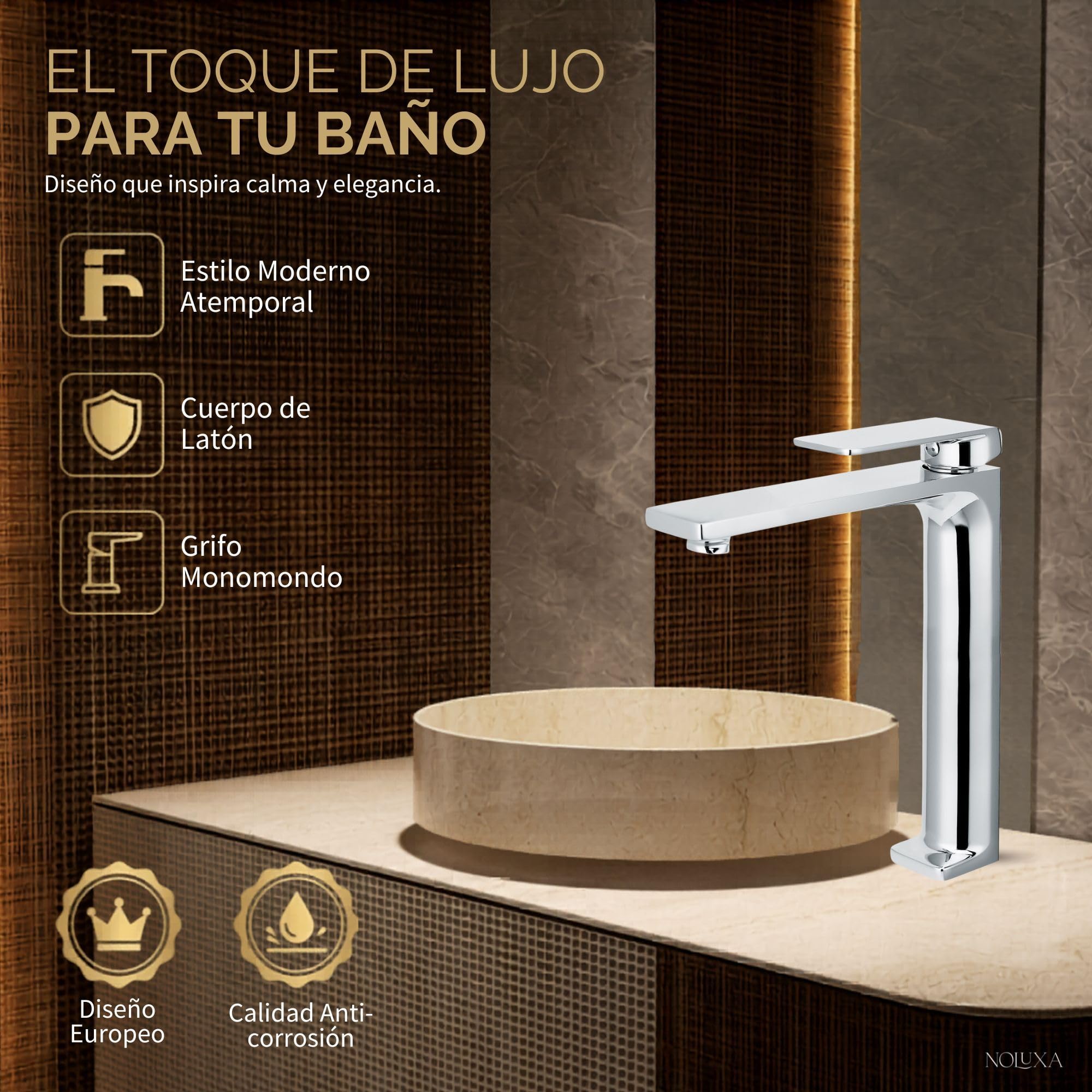IMEX - Grifo Lavabo Cromado Caño Alto | Grifo Baño Mezclador Agua Fria y Caliente | Grifería Monomando Efeto Cascada con Caño de Latón y Ahorro de Agua | Serie Fiyi | Color Cromado