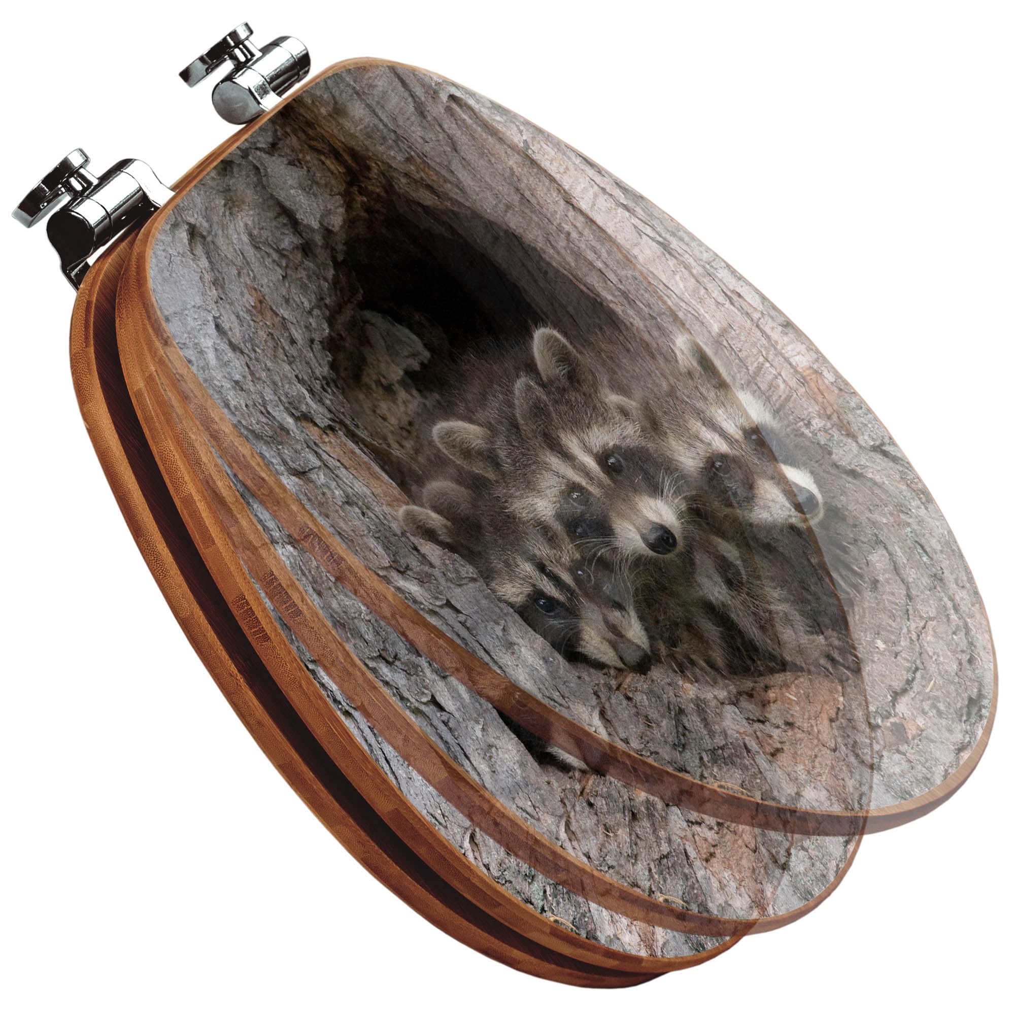 banjado Design WC Sitz Bambus Absenkautomatik 45,8x37,5cm - Toilettendeckel mit Absenkautomatik Holz - hochwertiger Bambus Klodeckel - WC-Sitz für gängigen Toiletten - Motiv Drei Waschbären
