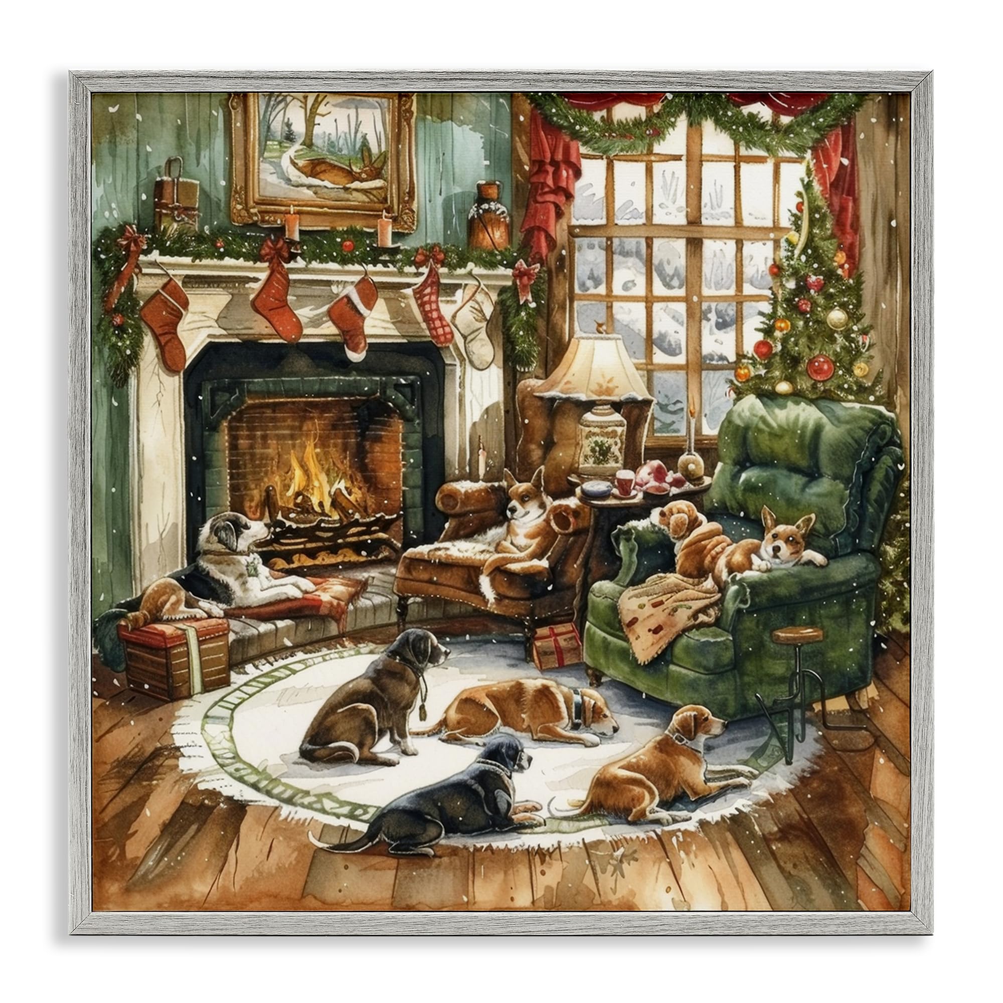 Dogs Around Christmas Fireplace : fini les murs vides avec ce cadre gris