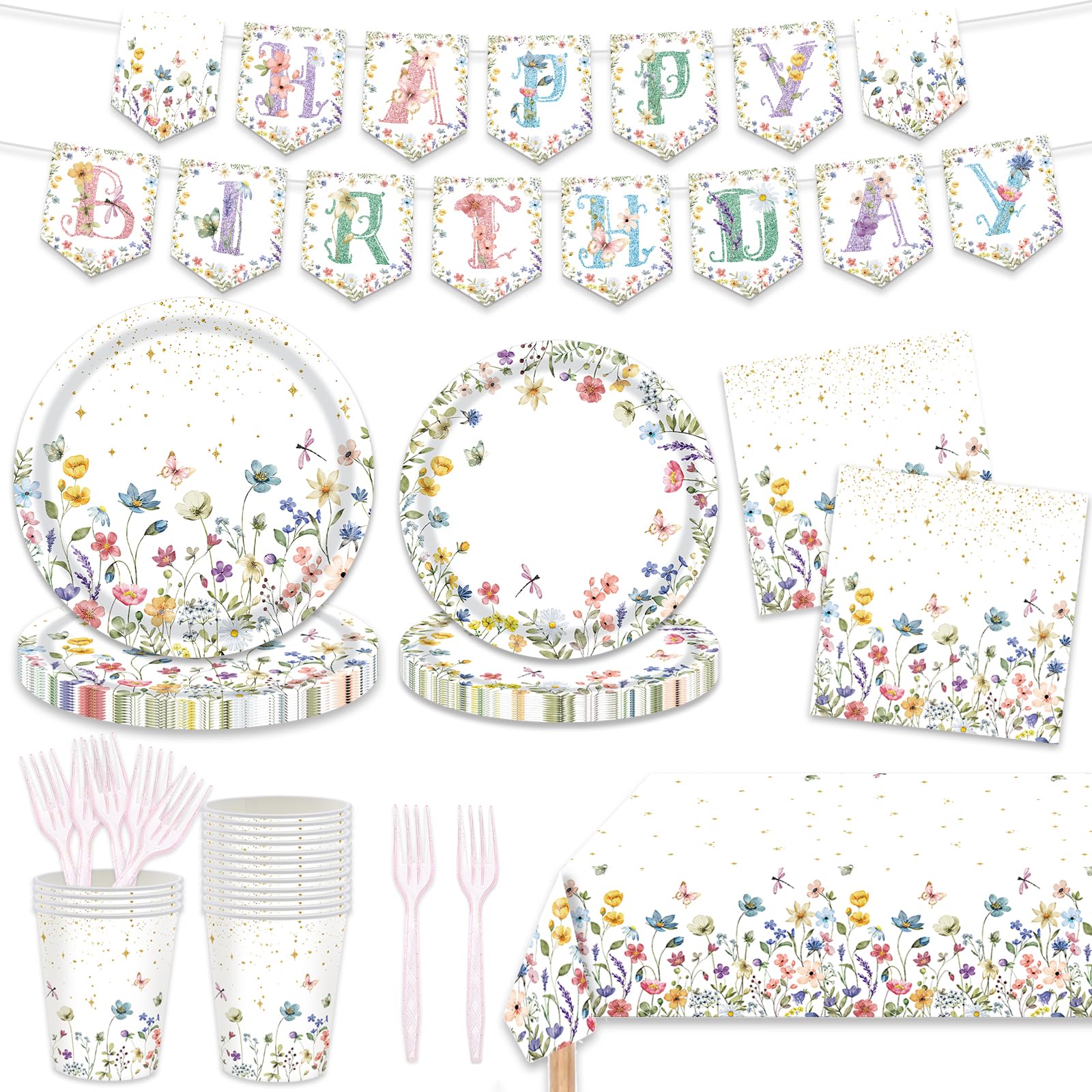 136 PCS Wildflower Party Supplies Spring Baby Shower Decorations Floral Tea Party Tableware Set for Girls Women Spring Flower Party Serves 24