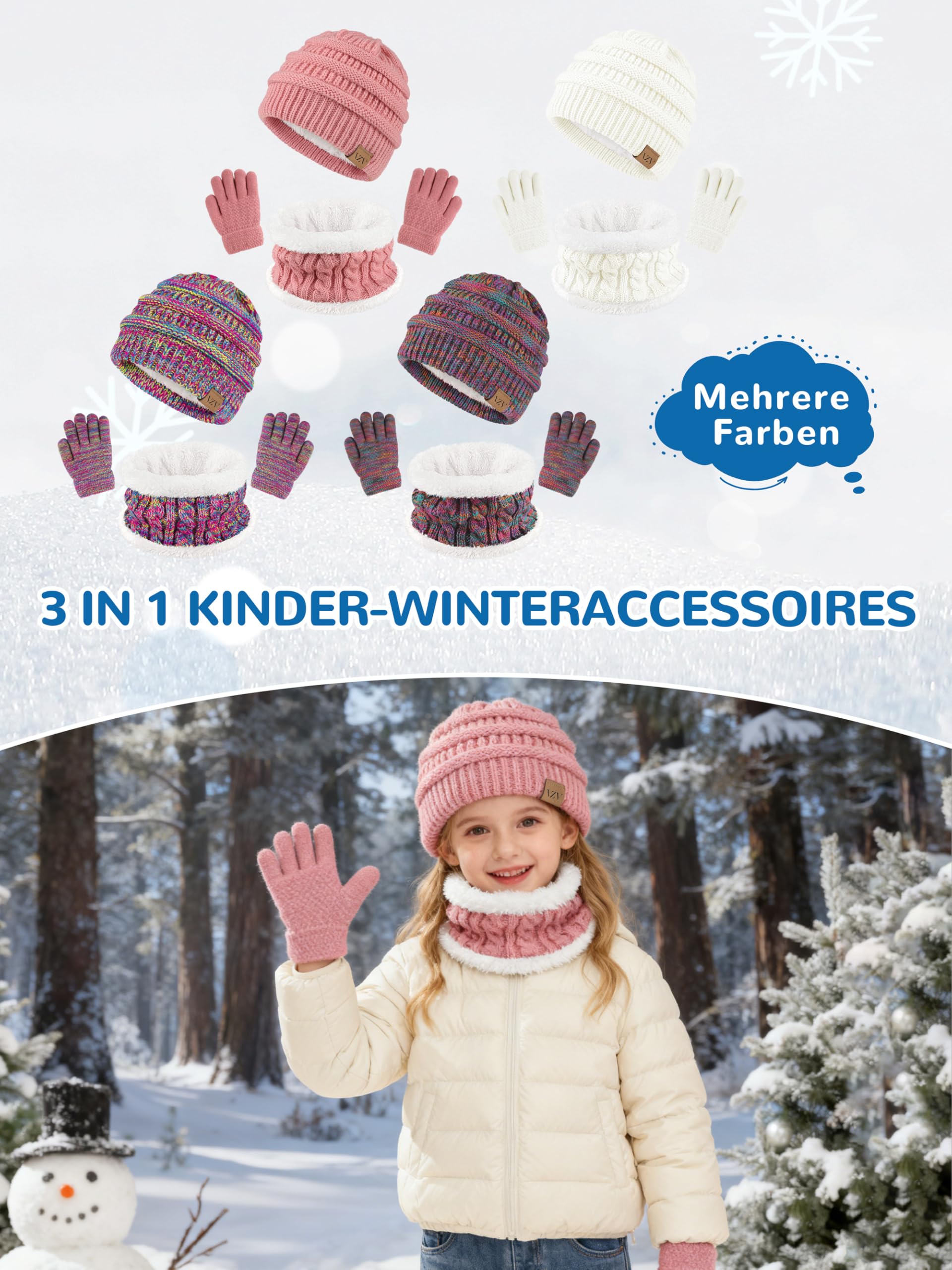 VZV 3 Wintermütze Kinder Schal Handschuhe Set, Mädchen Strickmütze Winterschal Thermo Fleecefutter Handschuhe für Jungen Mädchen 2-10 Jahre