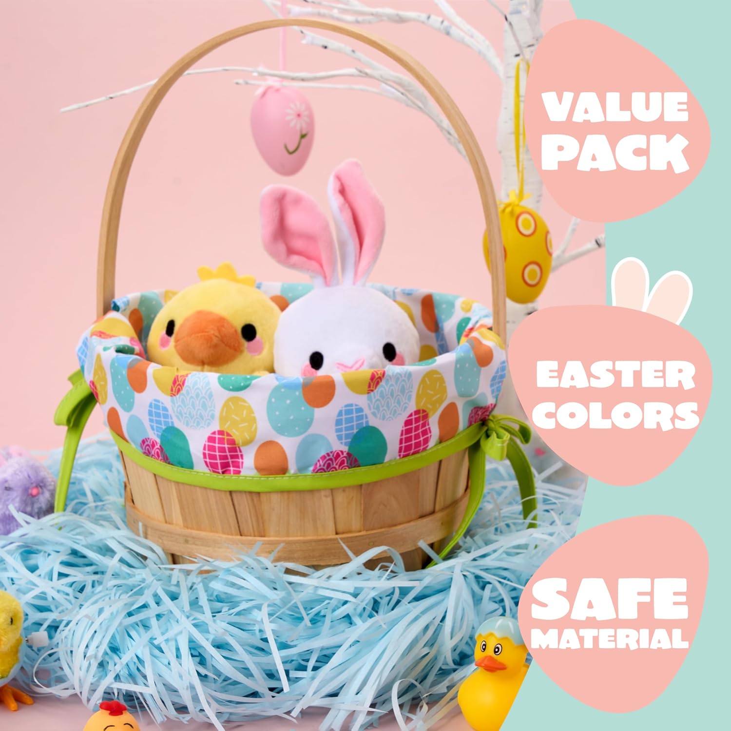 JOYIN Easter Wooden Basket with Liner, Portable Wood Buckets with Folding Handle, Easter Eggs Candies Party Favor Storage Container, Empty Gift Basket for Egg Hunt, Kids Party Treats & Picnic