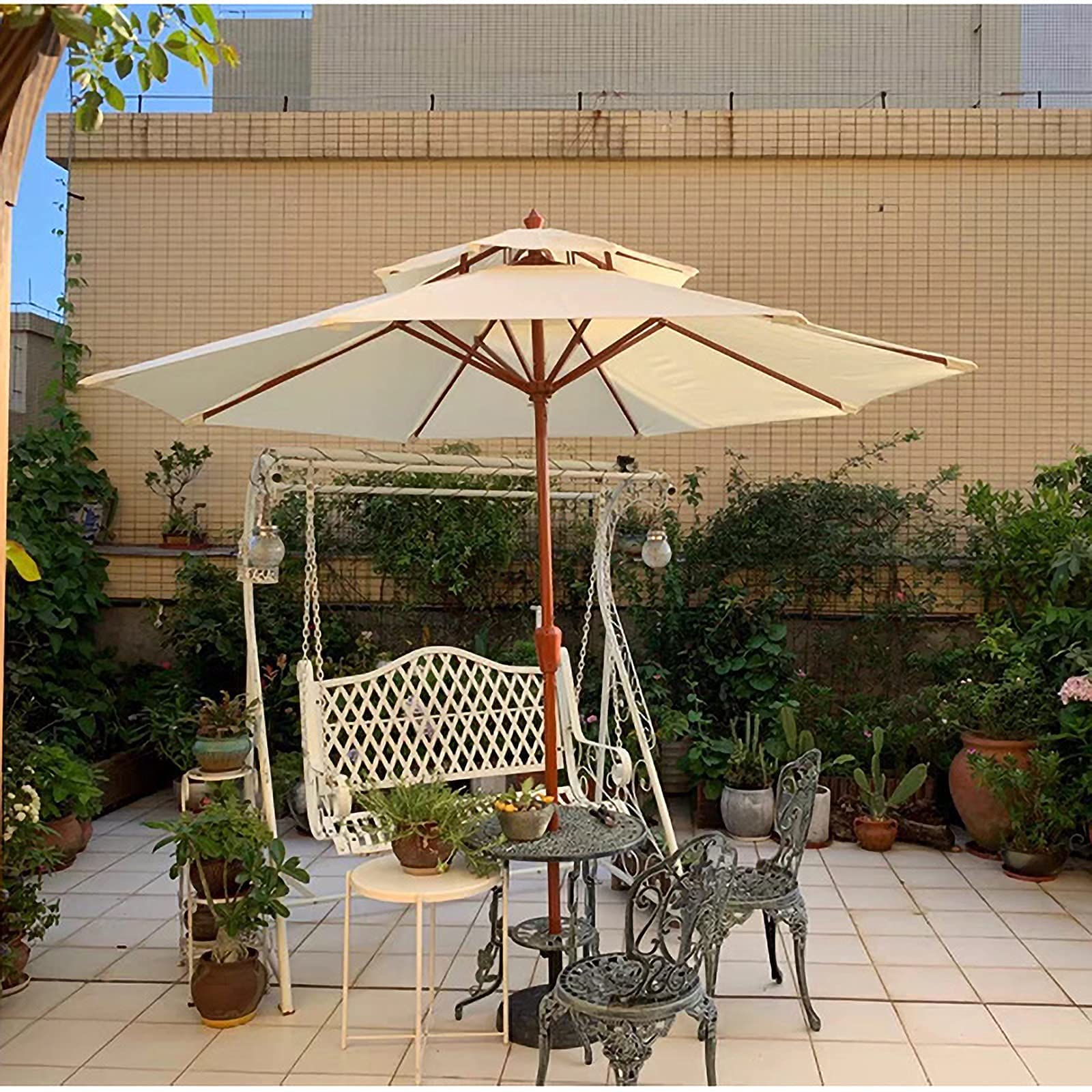 LYGSWDB Ombrellone da Esterno, Ombrellone Doppio Superiore Bianco Sporco, Ombrellone da Giardino in Ferro Imitato Legno, con Manovella, Ombrellone Impermeabile Esterno Portatile, Bar, Terrazza,