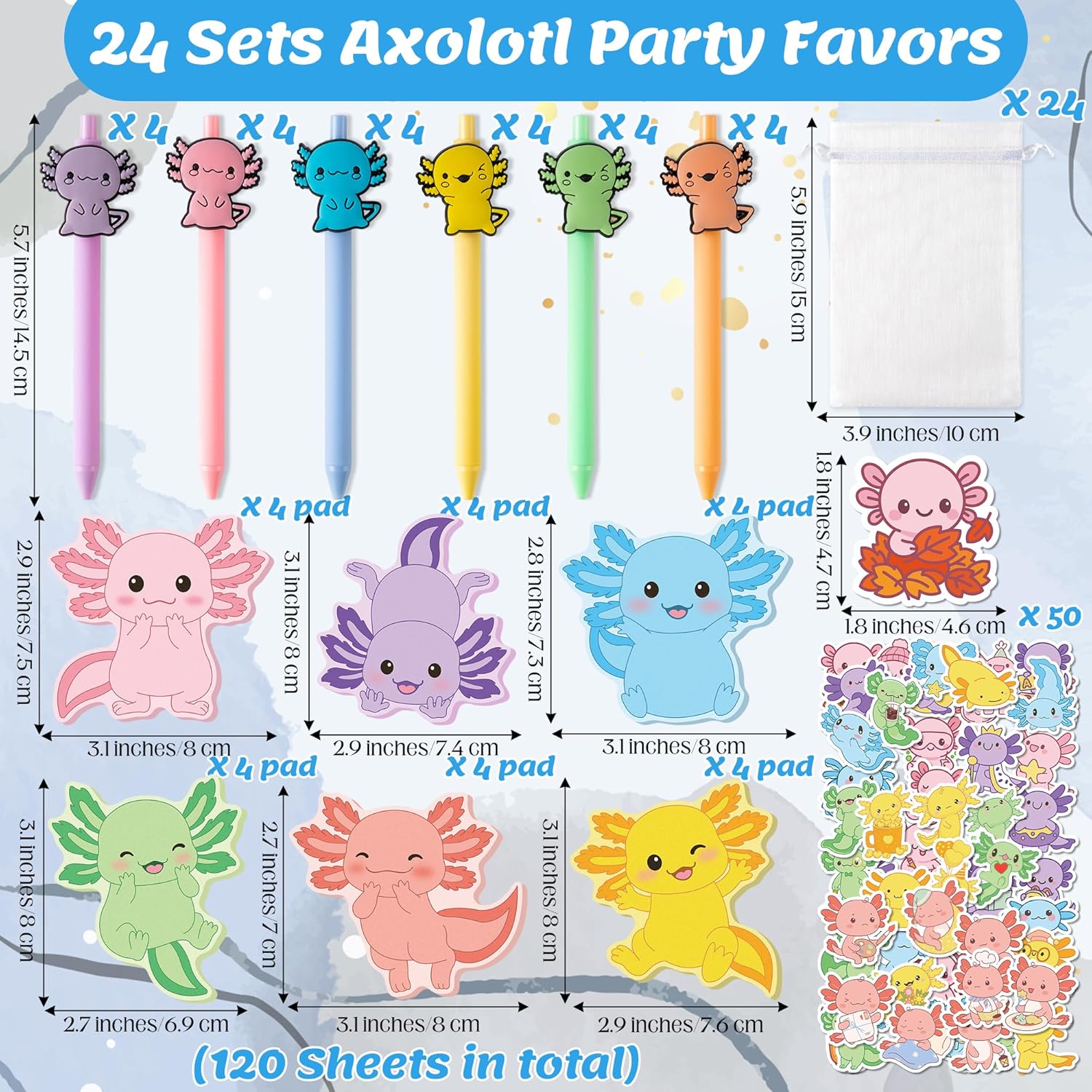 Axolotl Stationery Party Favors - 24 Set Cute Axolotl Stickers Notes Ballpoint Pens with Organza Goodie Bags for Birthday, Colorful Self-Stick Memo Pad for School Reward Gift