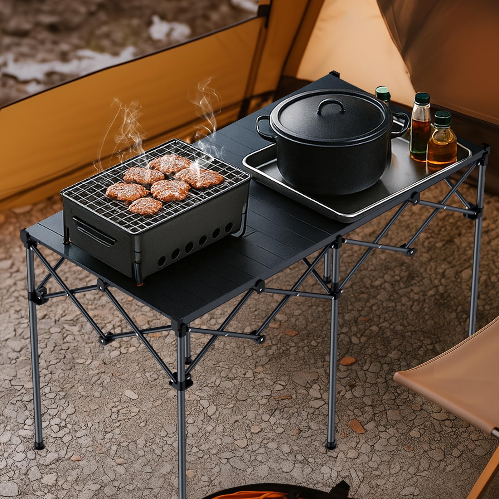 Anbte Campingtisch Klappbar bis 120kg Übergröße 122x60x74cm(LxBxH) Alu Rolltisch für 6 bis 8 Personen X-Frame Design Klapptisch mit Tragetasche für Outdoor Balkon Garten Strand Picknick (Schwarz)