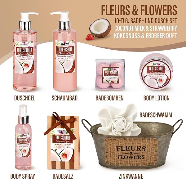 BRUBAKER Cosmetics Bade- und Dusch Set Kokosnuss & Erdbeer Duft - 10-teiliges Geschenkset in Vintage Wanne - 4