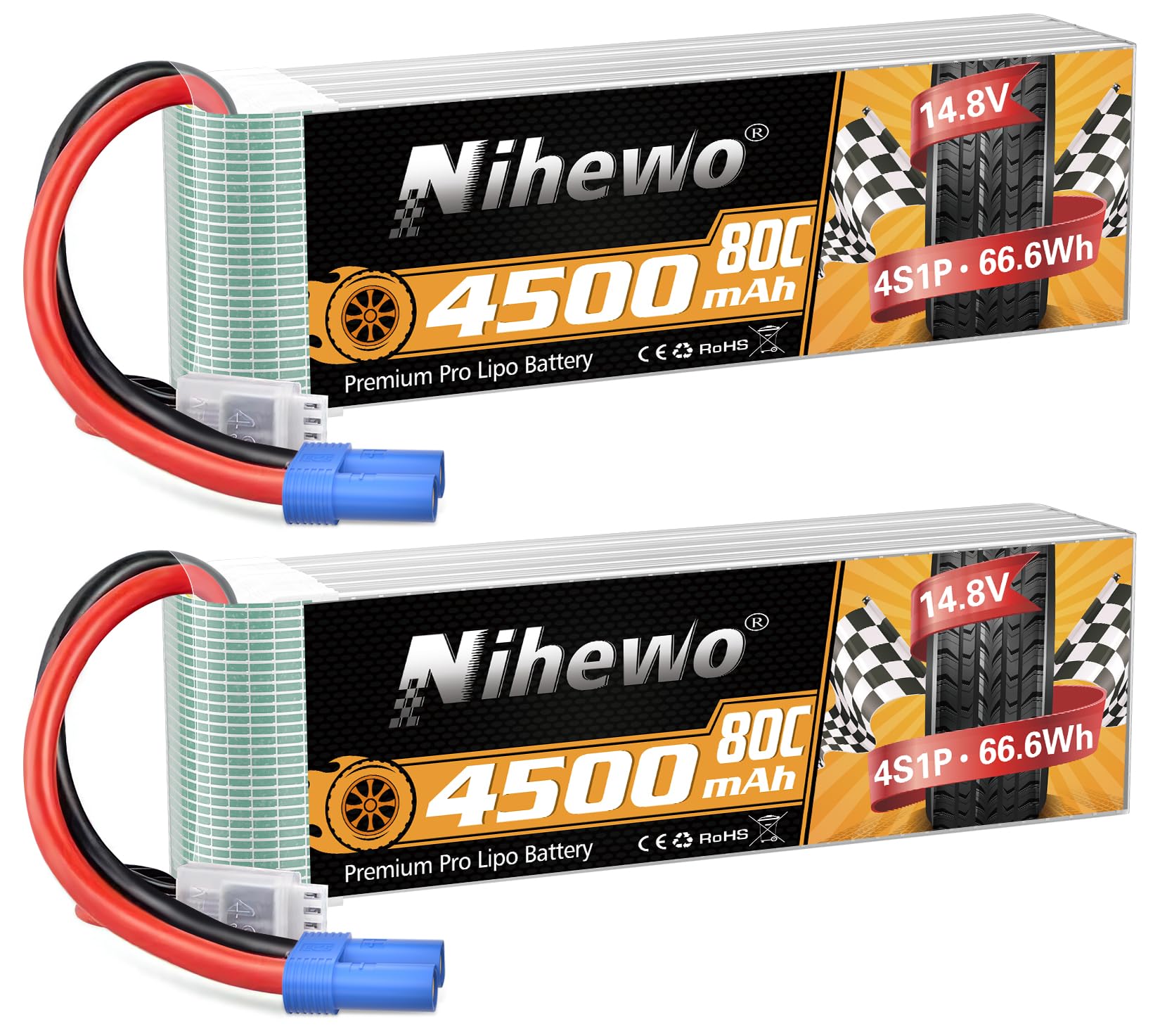 4S Lipo Akku 14.8V 4500mAh 80C EC5 Stecker für RC Auto Boot 2Stück | RC Akku 14.8V 4S 4500mAh Weiches Gehäuse Kompatibel mit 1/6 1/8 Maßstab RC Auto LKW Fahrzeug Flugzeug Hubschrauber Boot Tank