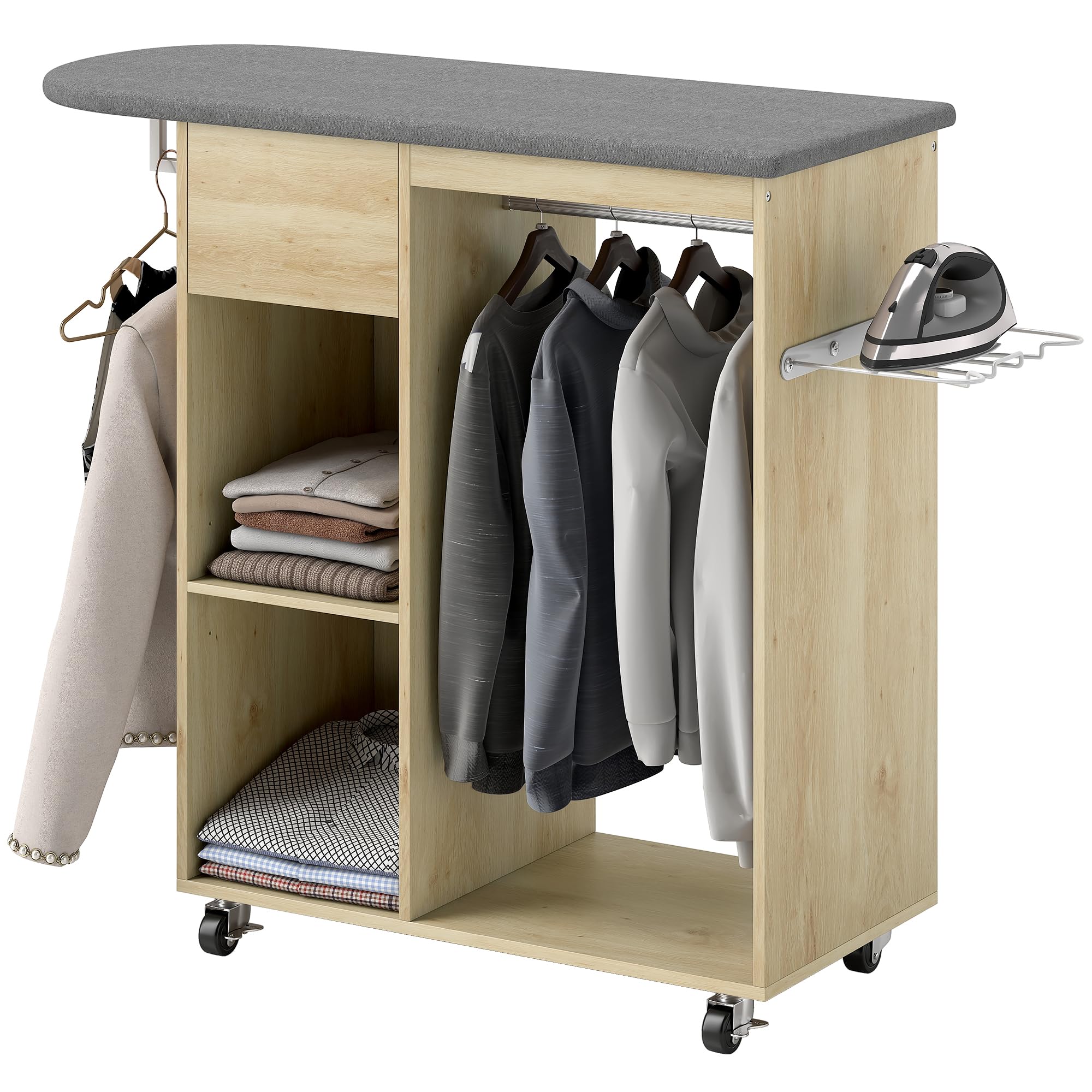 HOMCOM Armadio da stiro in legno, asse da stiro con rotelle, asta appendiabiti, ripiano aperto, per soggiorno, camera da letto, 125 x 43,5 x 102,5 cm, legno naturale