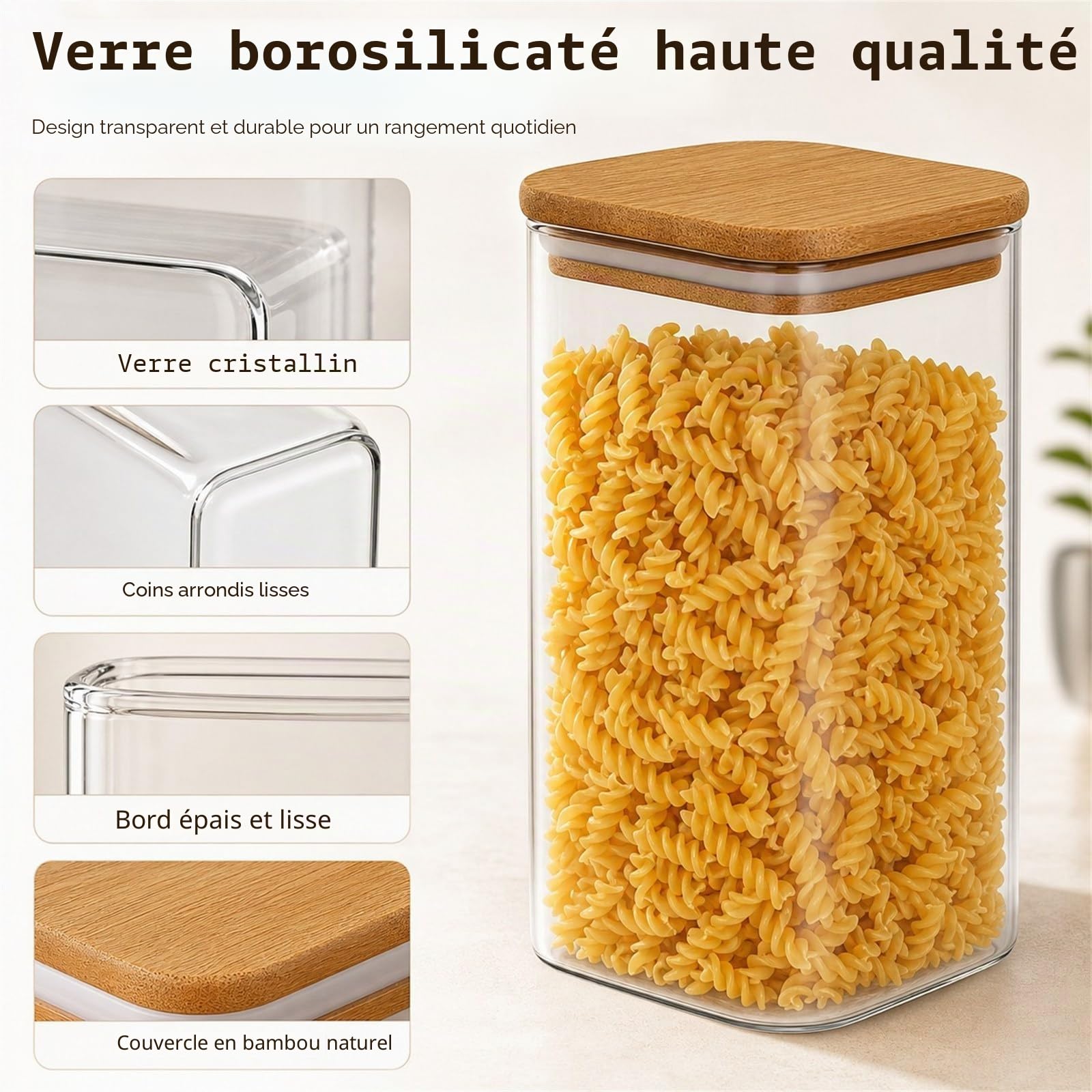 WOPPLXY Lot de 4 Bocaux en Verre Hermétique, 1500ml Bocaux Rangement Cuisine, Bocauxs Verre Couvercle Bois pour Conserver les Grains de Café, Noix, Biscuits, Pâtes, Grains | Hautement hermétique ; 10 x 10 x 20 cm (L x l x H) ; convient pour stocker des cé