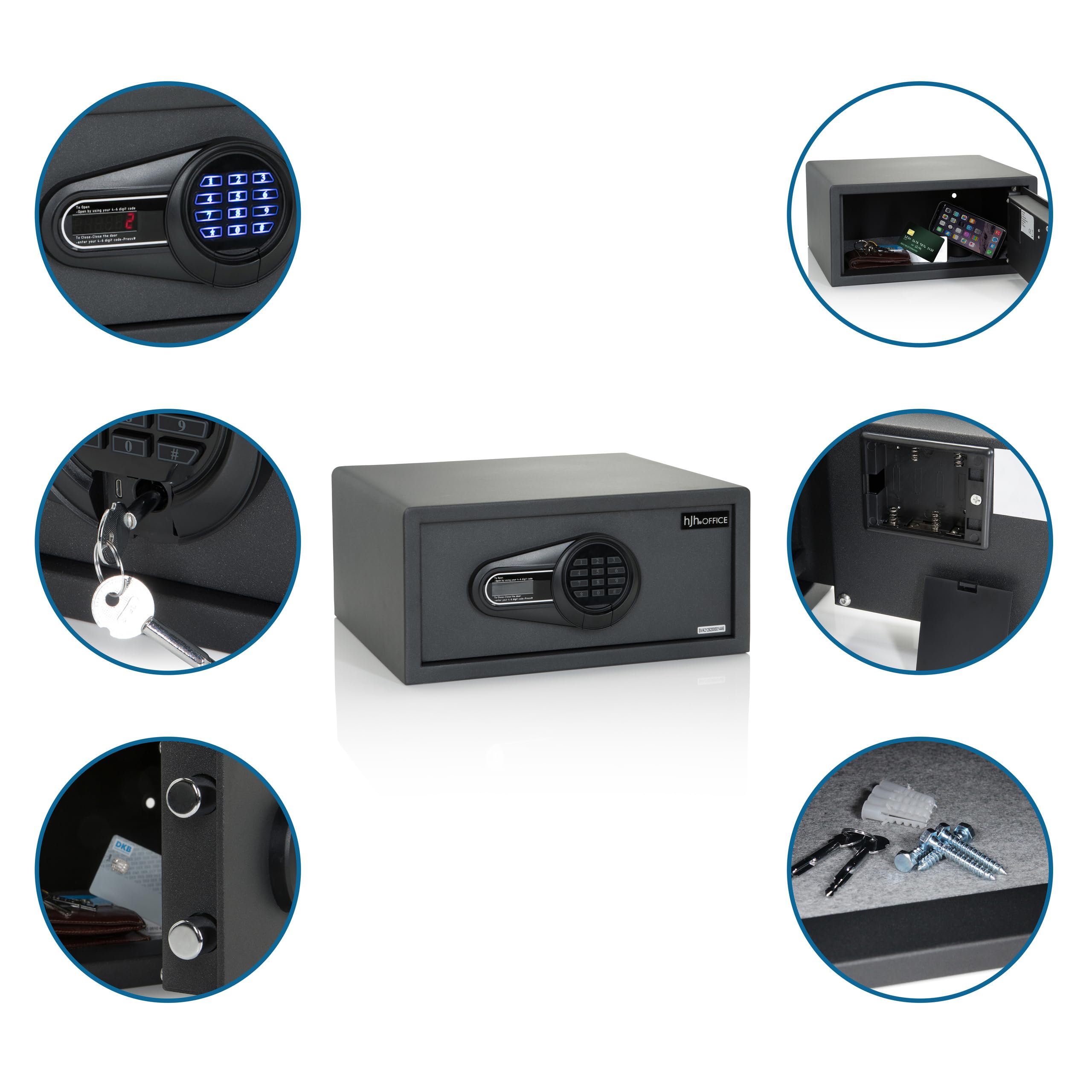 hjh OFFICE 830038 Caja fuerte de seguridad electrónica SAFE COMPACT I 25,5 L, Acero, con teclado y cerradura para llave, 20x42x37cm, Negro