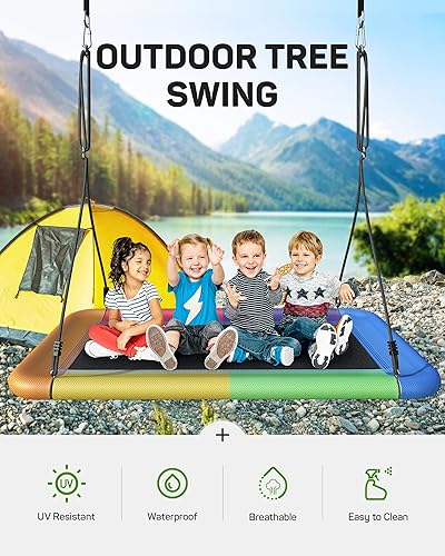 Miniatura 5 de Columpio de árbol para niños y adultos, columpio de plataforma rectangular impermeable de 60 pulgadas, 700 libras resistente con correas ajustables,
