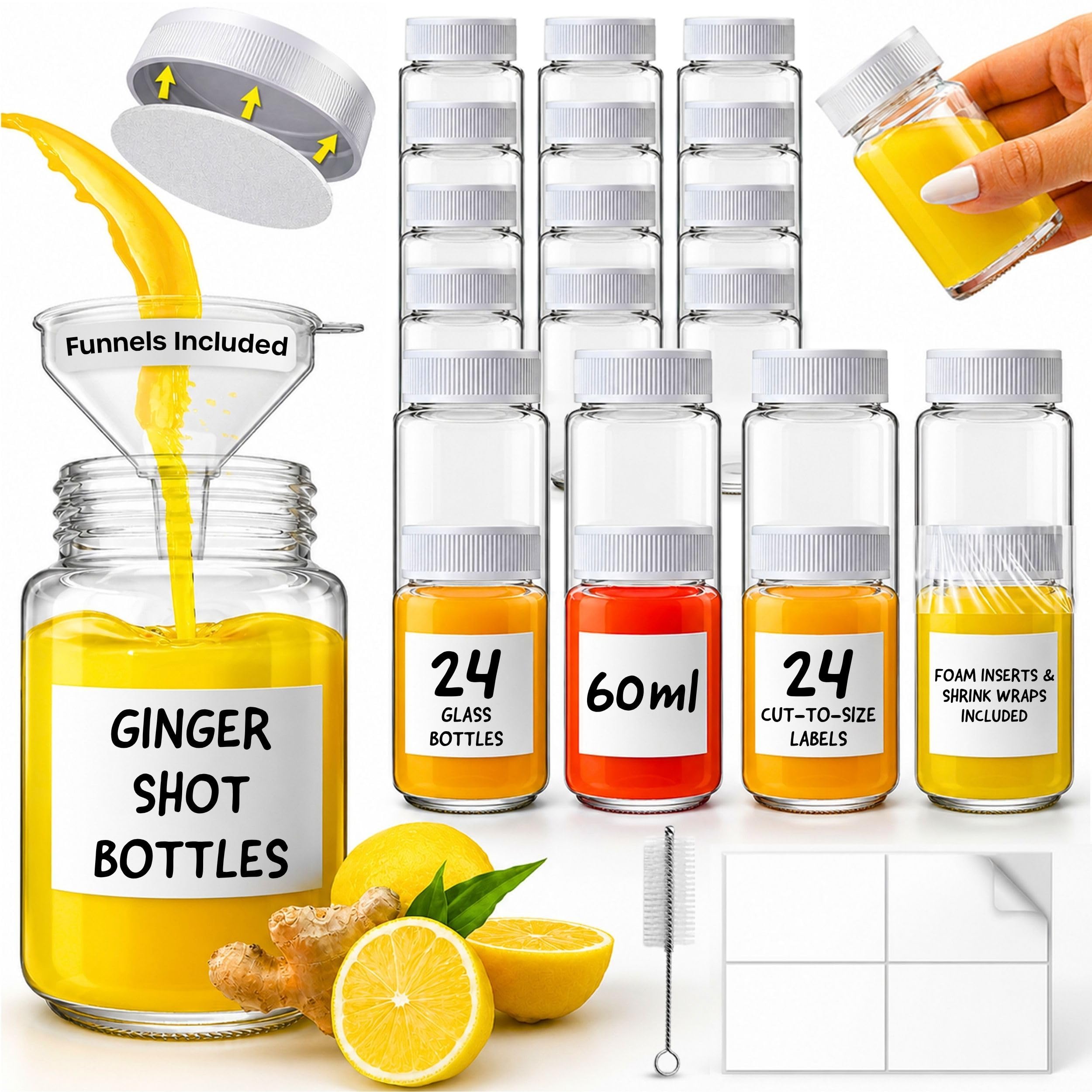 Volila White Shot Bottles With Lids - 24 Pack 2Oz/60Ml Reusable Glass Shot Bottles With Lids, Funnel, Labels, Shrink Wrap, Cleaning Brush And Extra Foam Insert - Portable And Leakproof