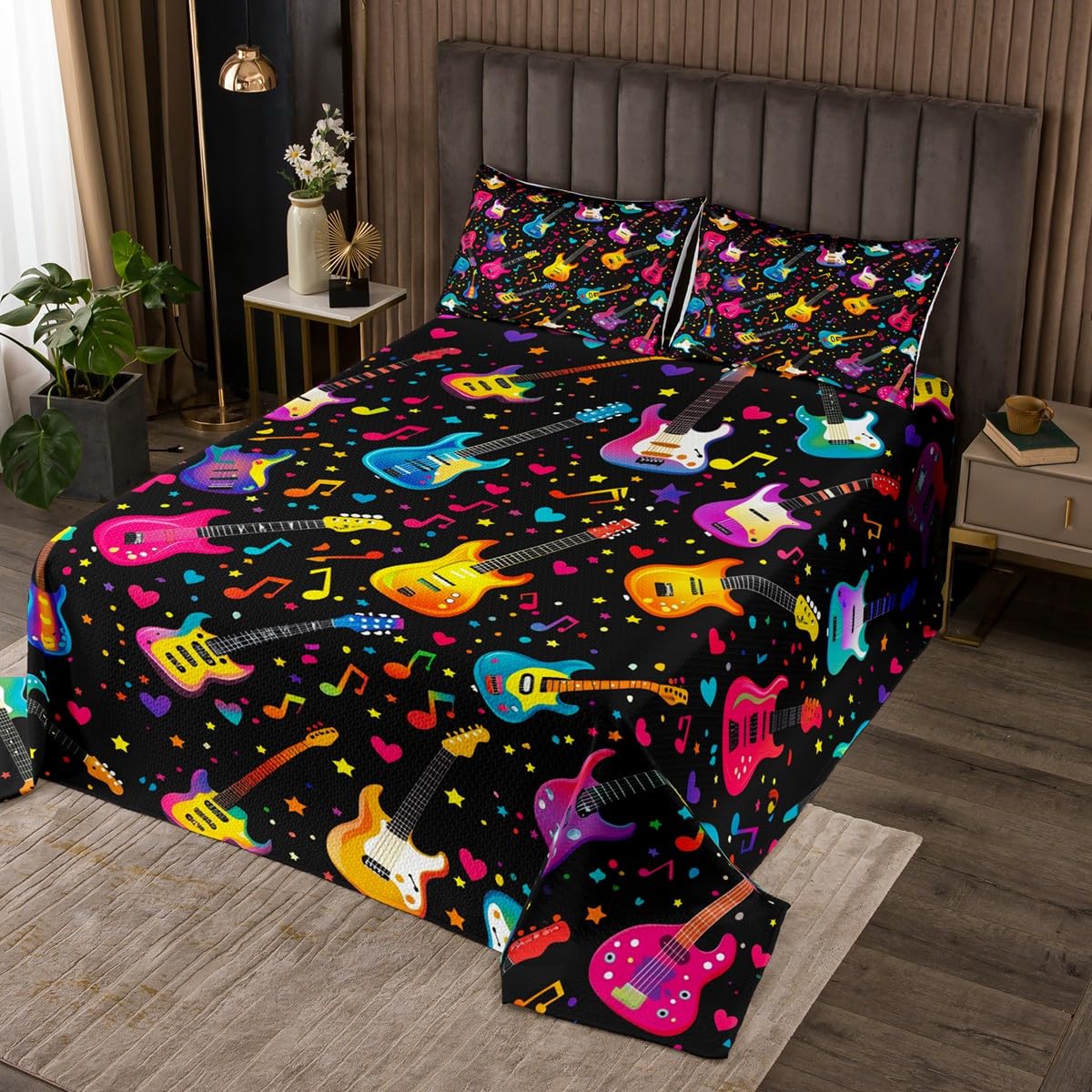 Manfei Guitar Bedspread Queen Size, Watercolor Musical Notes Stars Hearts Coverlet Set 3pcs, Music Theme Quilted Coverlet with 2 Pillowcases, Kids Boys Girls Room Decor, Soft Bedding Quilt