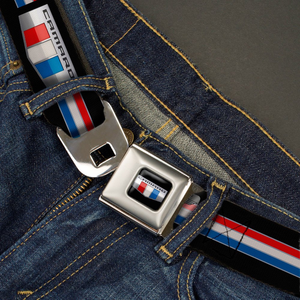 Buckle-Down Seatbelt Belt - CAMARO Six Badge/Stripe Black/Silver/Red/White/Blue - 1.0