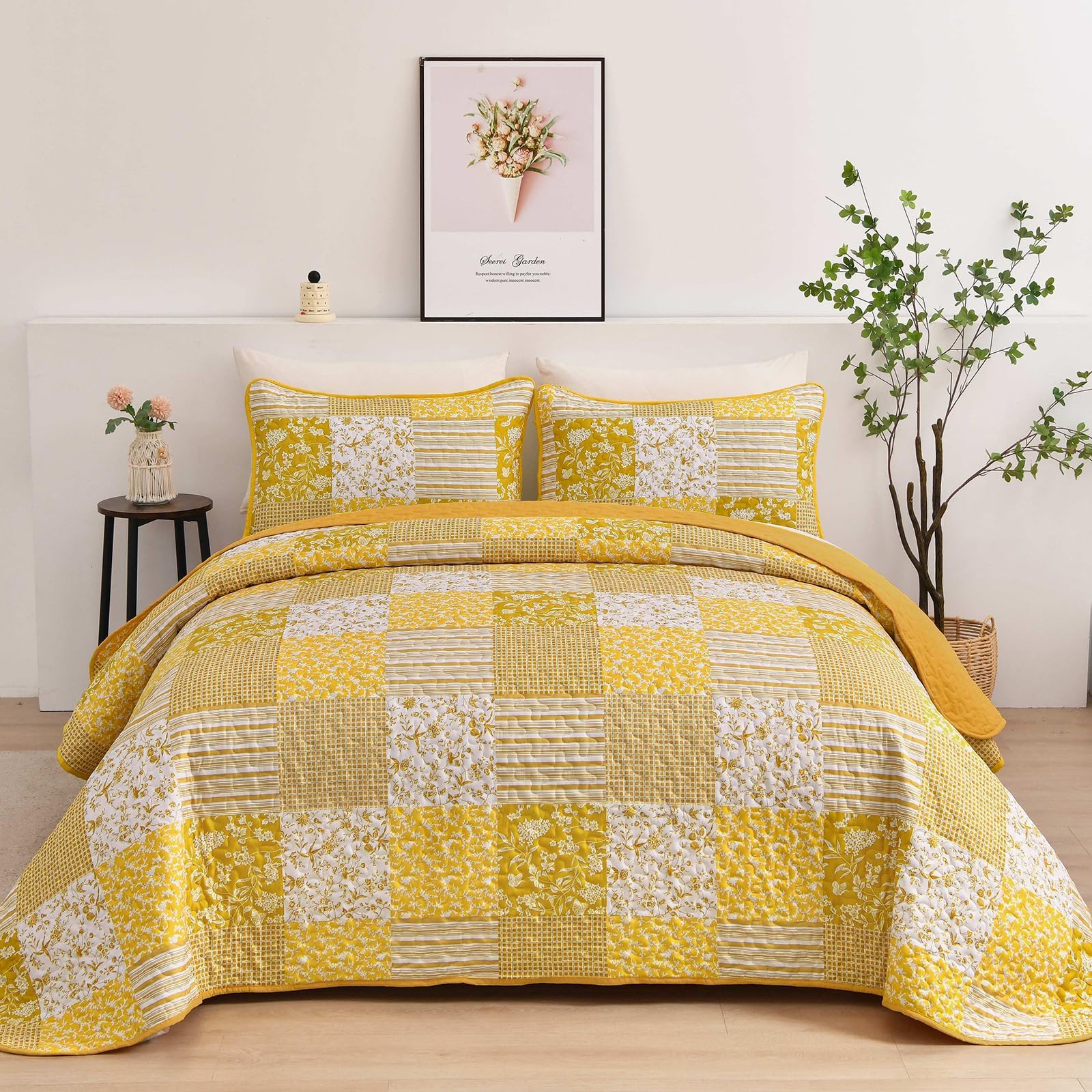 Mybedsoul Yellow Boho Quilt Set Full Size, Patchwork Quilt Bedding Set
