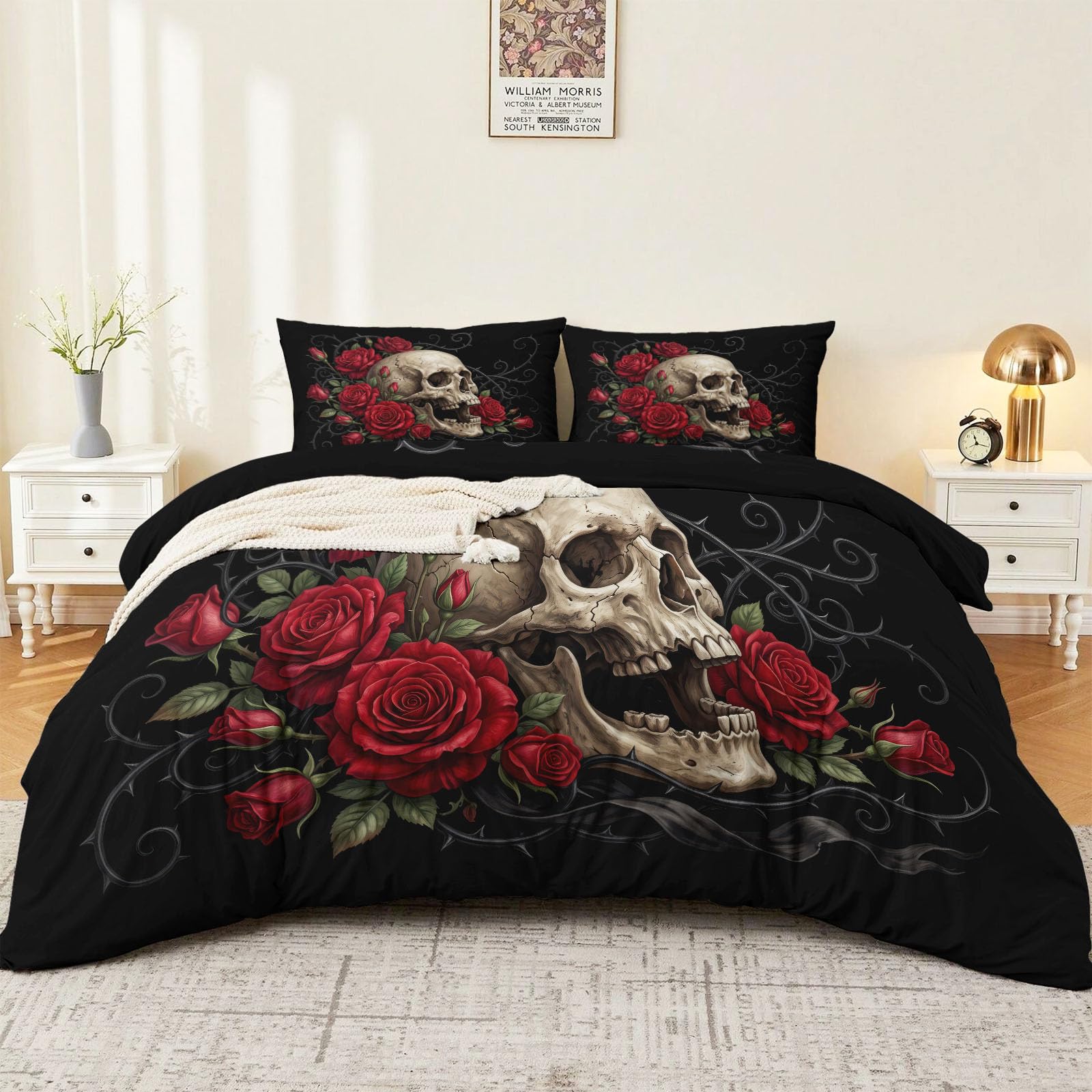 Czarny zestaw poszewek na kołdrę na Halloween, rozmiar podwójny 200 x 200 cm, roślina, winorośl, kwiatowa czaszka, miękka, oddychająca, zestaw pościeli z mikrofibry, z 2 poszewkami na poduszkę