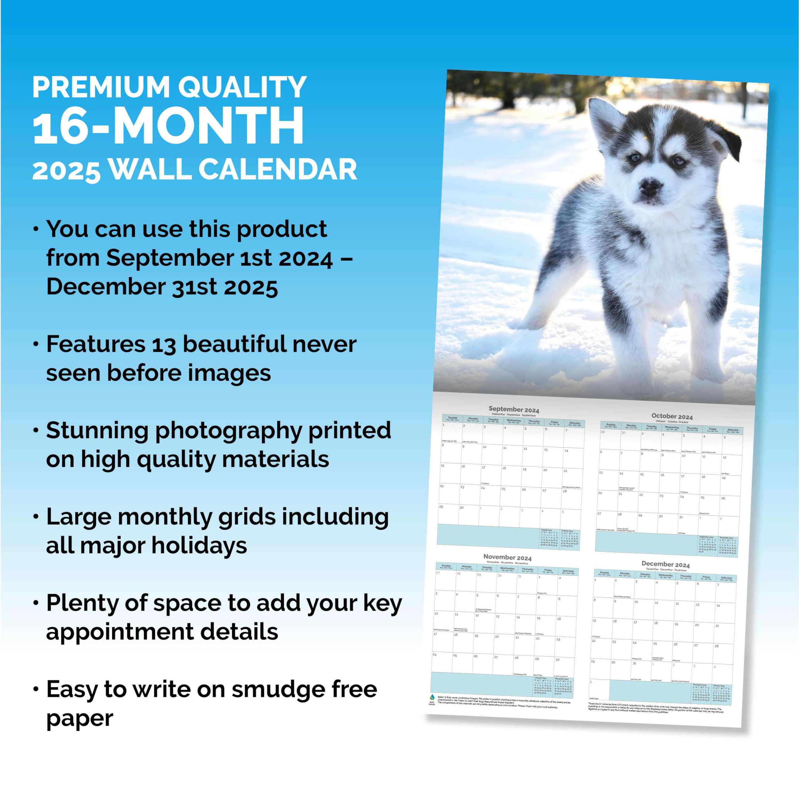Baker and Bray Siberian Husky Calendar 2026, Large Square Wall Calendar With Organisational Stickers, 16 Month - Image 3