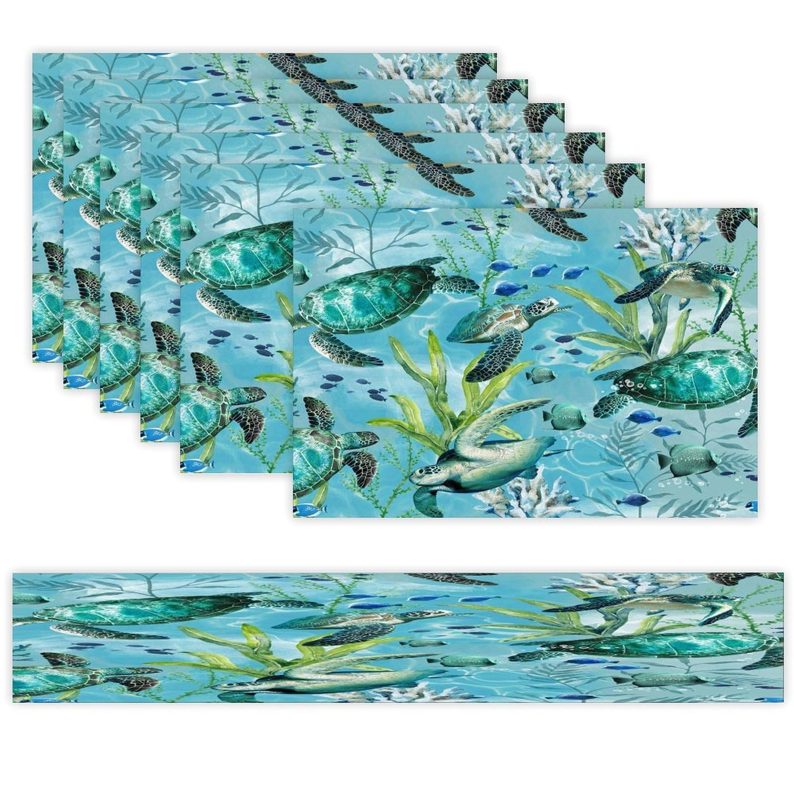 Sea Turtle-Blue Placemats Set of 7 Exquisite Linen Table Mat Seven Piece Set Includes 13"x71" Fashion Table Runner and 12"x18" Place Mat Decor for Kitchen Dining Room