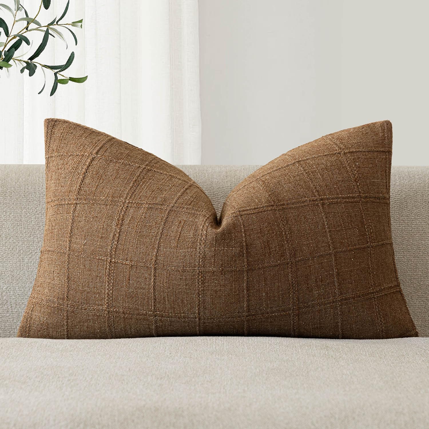 Foindtower Set of 1 Decorative Linen Check Throw Pillow Cover Neutral Farmhouse Lumbar Cushion Cover Modern Boho Home Decor for Sofa Chair Couch Bedroom Living Room,12×20 Inch,Brown Hazel