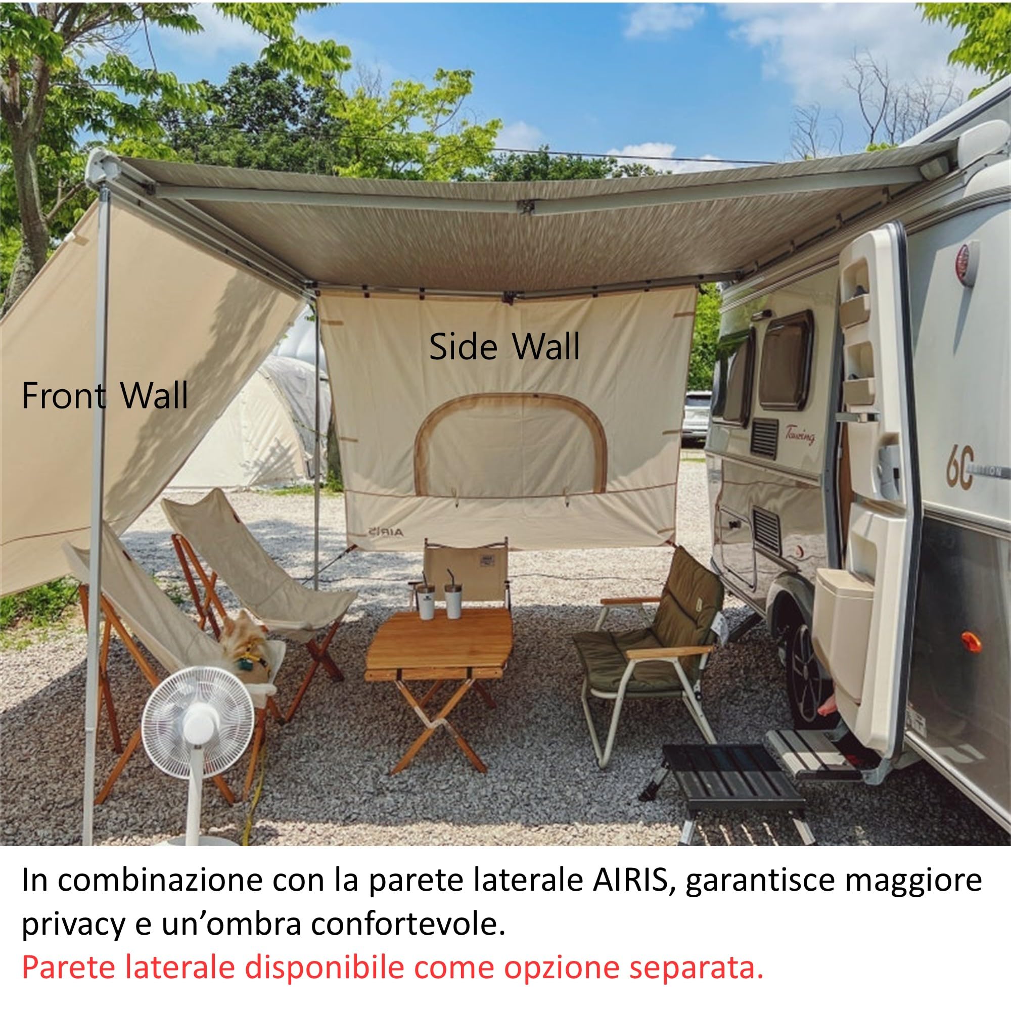 Fiamma F45 AIRIS Parete Anteriore Tenda da Sole Camper 390x190 cm Tessuto Misto Cotone Avorio Impermeabile Protezione UV