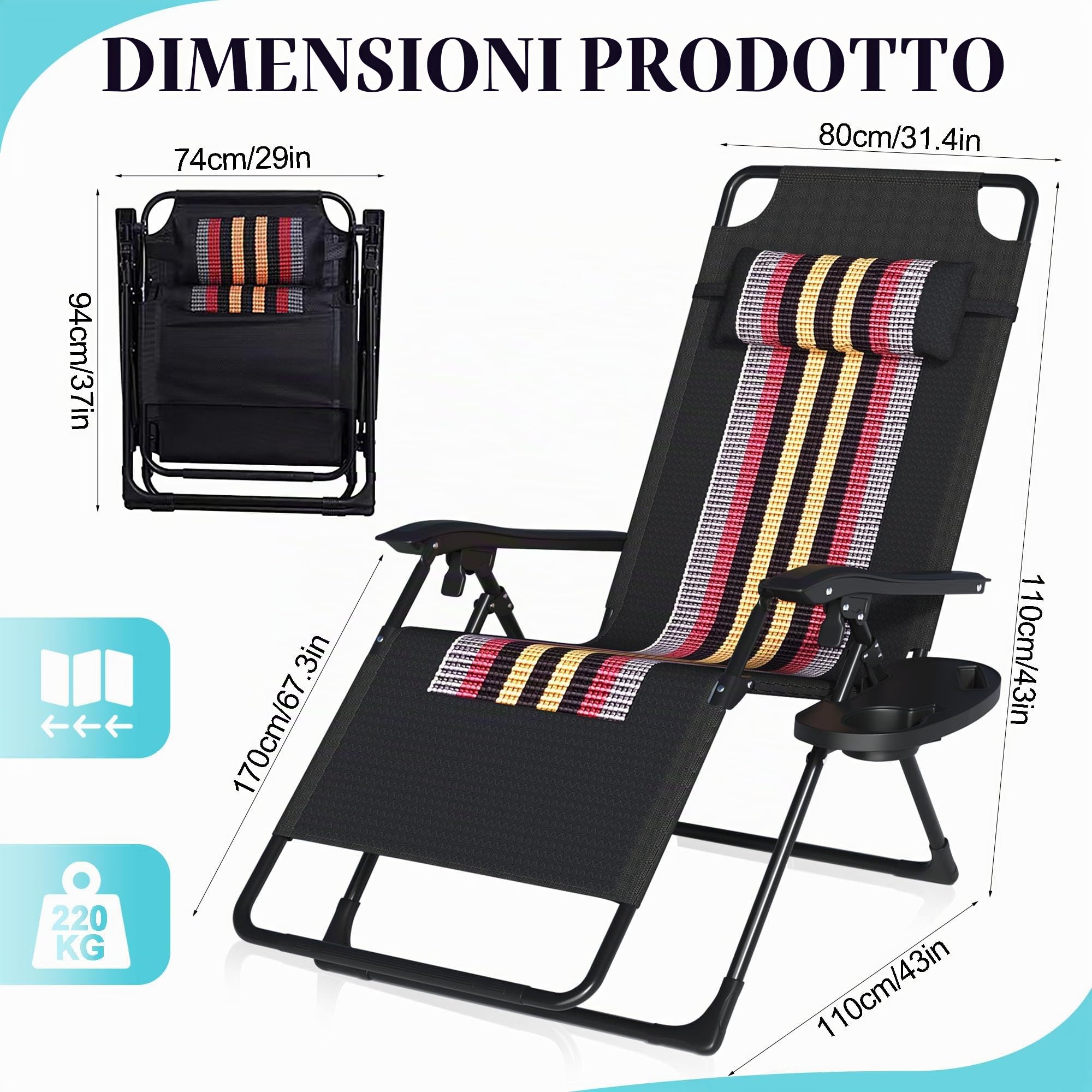 Sedia a sdraio pieghevole con cuscino cervicale e supporto per bevande, sdraio da giardino con schienale regolabile, portata 200 kg, per giardino, balcone, spiaggia (Nero)