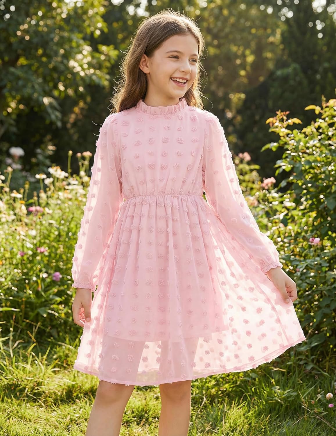 Arshiner Girls Dress Long Sleeve Swiss Dot Ruffle Collar Flowy A-Line Party Dress for Kids 5-13Y - Image 4