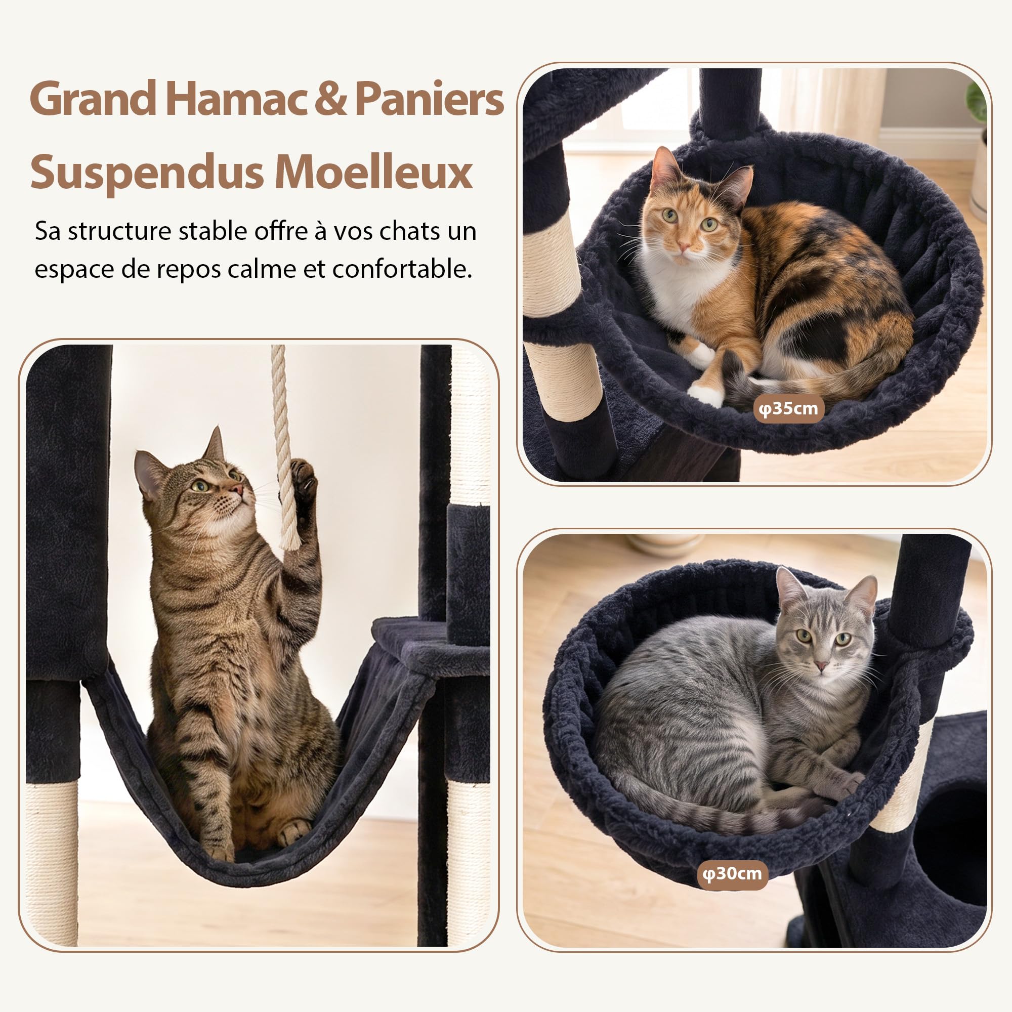 Gitelsnour Arbre À Chat 225 cm XXL – Arbre Stable pour Chats Grands, 3 Niches, 2 Paniers Suspendus, Hamac, Planche À Griffer, 2 Plates-Formes D'Observation, Socle Stable, Gris Foncé GCT808G
