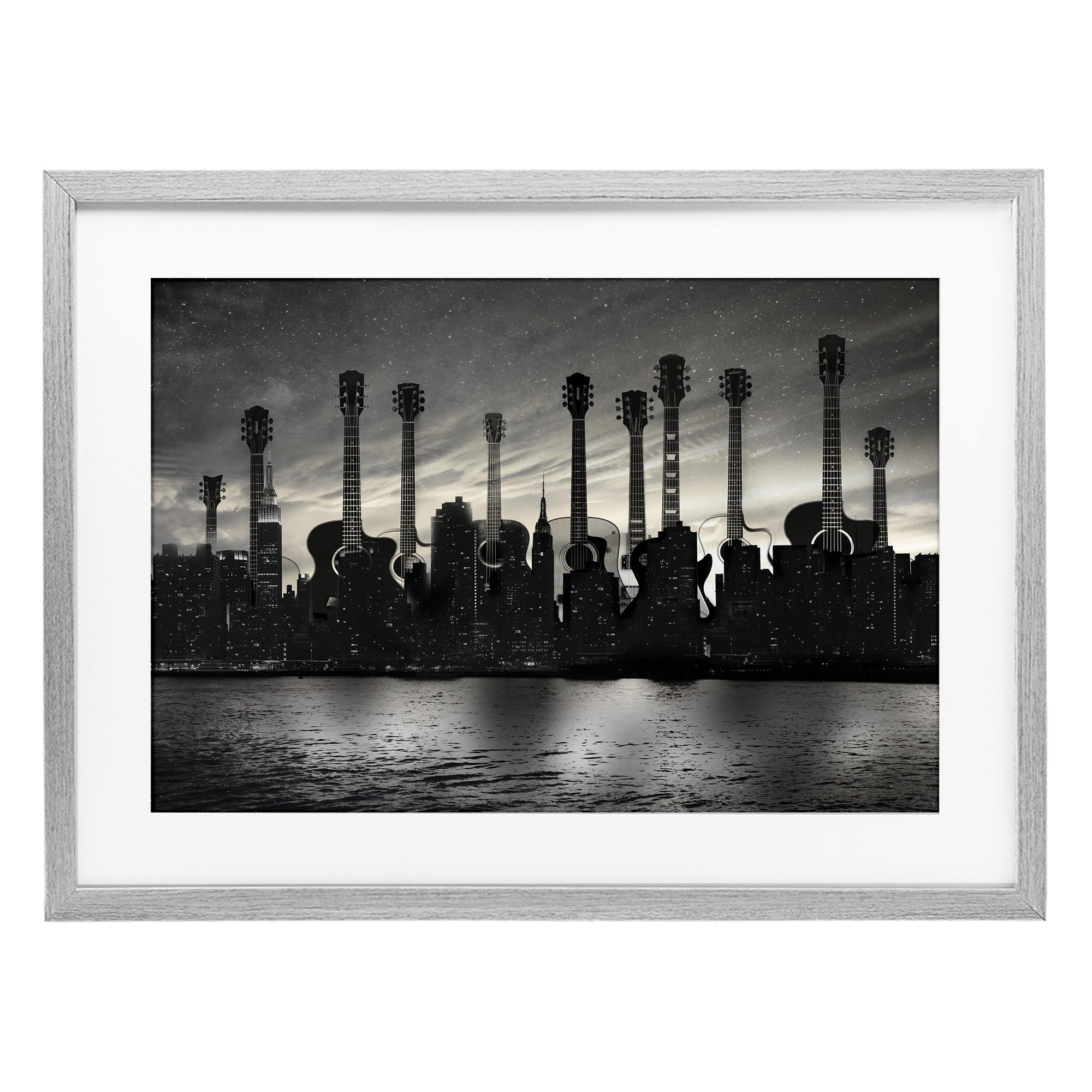 Stupell Industries 'Guitar Skyline Cityscape', Framed Print Under Glass, Gray, 23 x 17 Inches, Easy to Hang and Sturdy, Made in USA, by CAD Designs