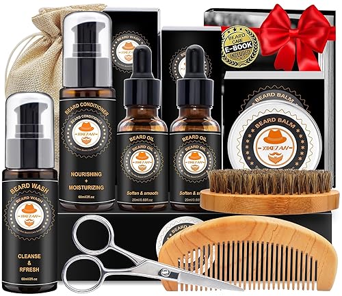 XIKEZAN Mens Gifts, Beard Grooming Kit with Sweet Orange Beard Wash,Oil, Conditioner,Balm,Brush,Comb,Cool Mens Christmas Secret Santa Gifts for Dad Husband Grandpa Boyfriend Him Stocking Stuffers