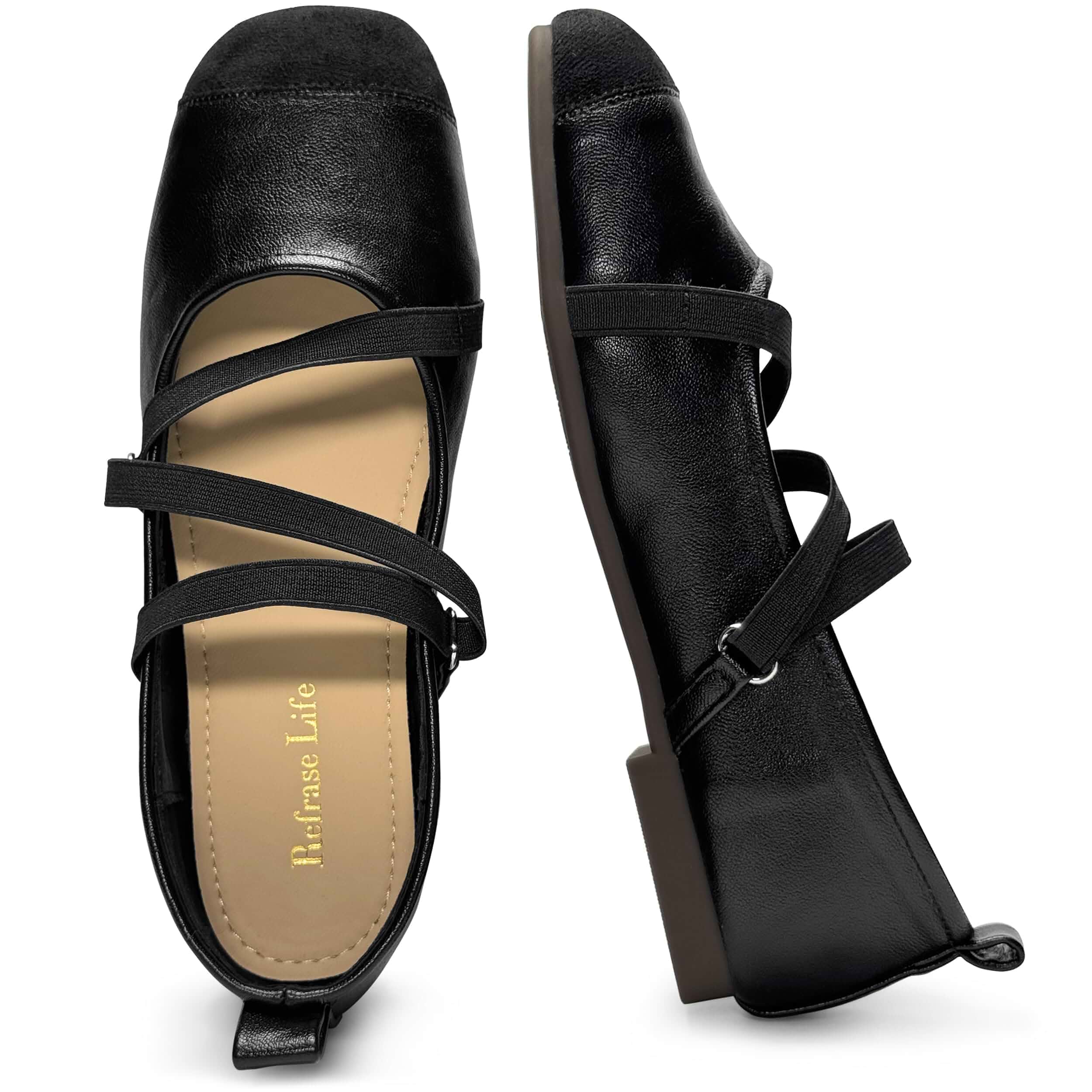 REFRASE LIFE Mary Jane Flats for Women, Square Toe Ballet Flats with Criss-Cross Elastic Straps, Soft Cap Toe Dress Shoes for Work Office