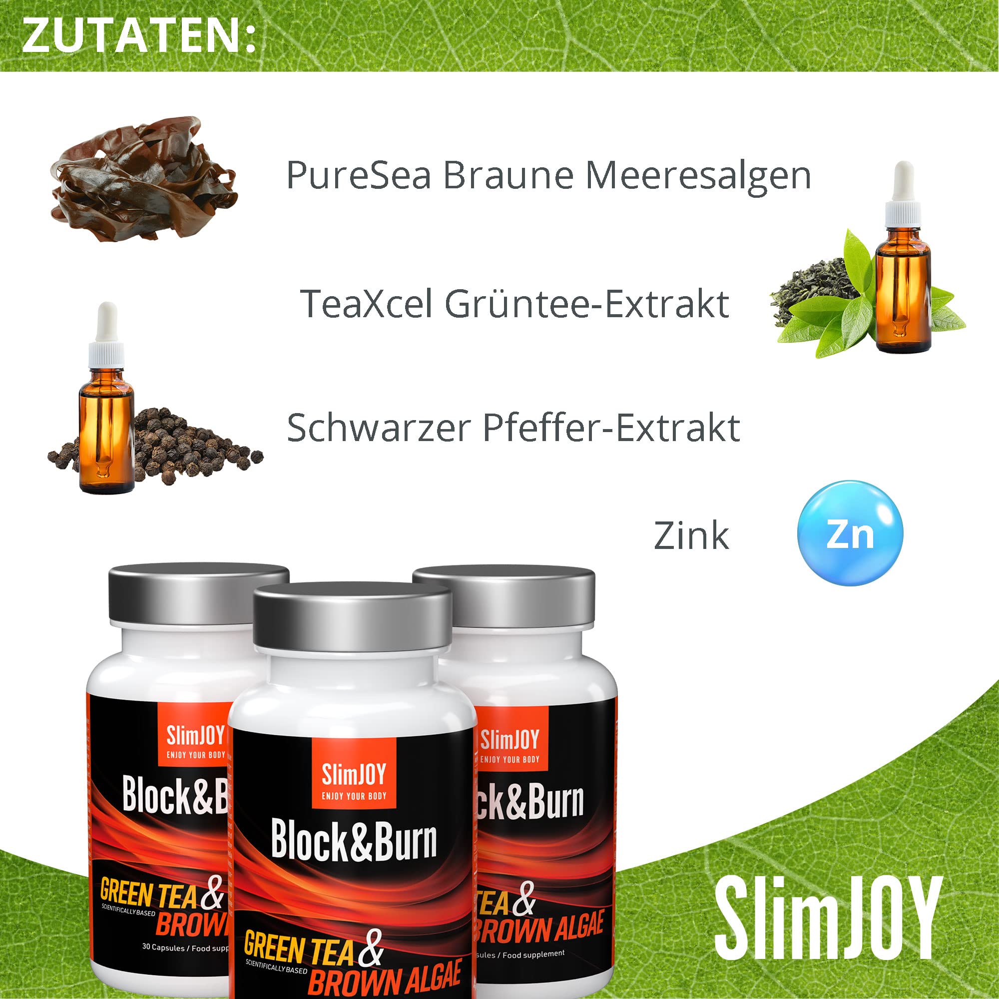 Sensilab Slimmium Block&Burn Kapseln zur Fettverbrennung - Grüner Tee, Braunalgen, Jod, Zink und Piperin - Doppelte Fettverbrennende Wirkung - 90 Kapseln für 90 Tage