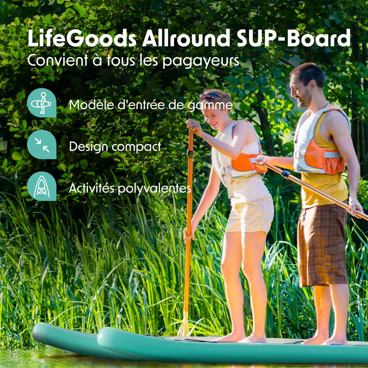 LifeGoods Paddle Gonflable Adulte - Stand Up Paddle Board - Set Complet - Pagaie Réglable - Pompe Incluse - Max. 100KG - 300x76x15cm