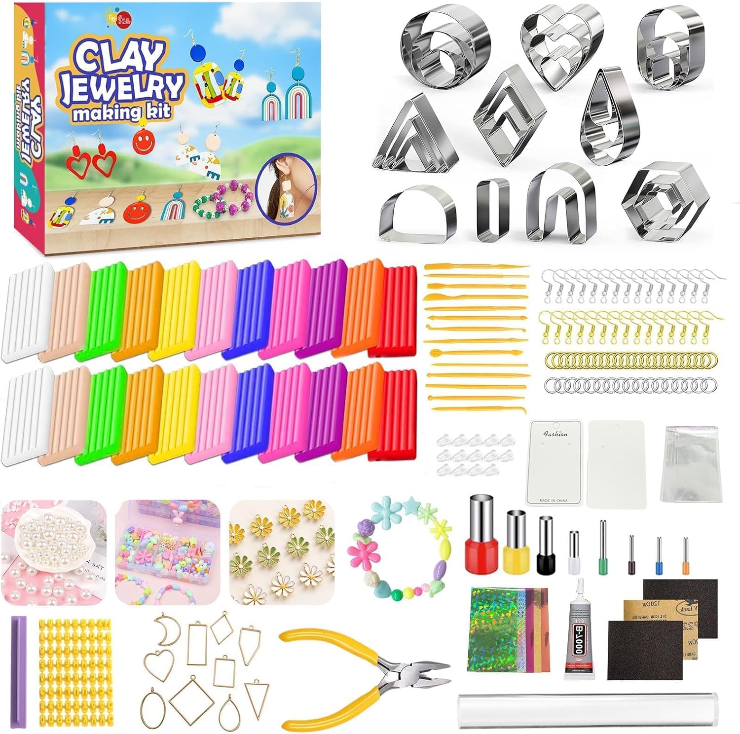 EggSun Polymer Clay Earring Kit & Clay Jewelry Making Kit with Cutters, 500+Pcs Jewelry Craft Supplies with 24 Oven-Bake Colors Cutters Ear Hooks Charms Beads Tools Instructions for Beginners & Adults