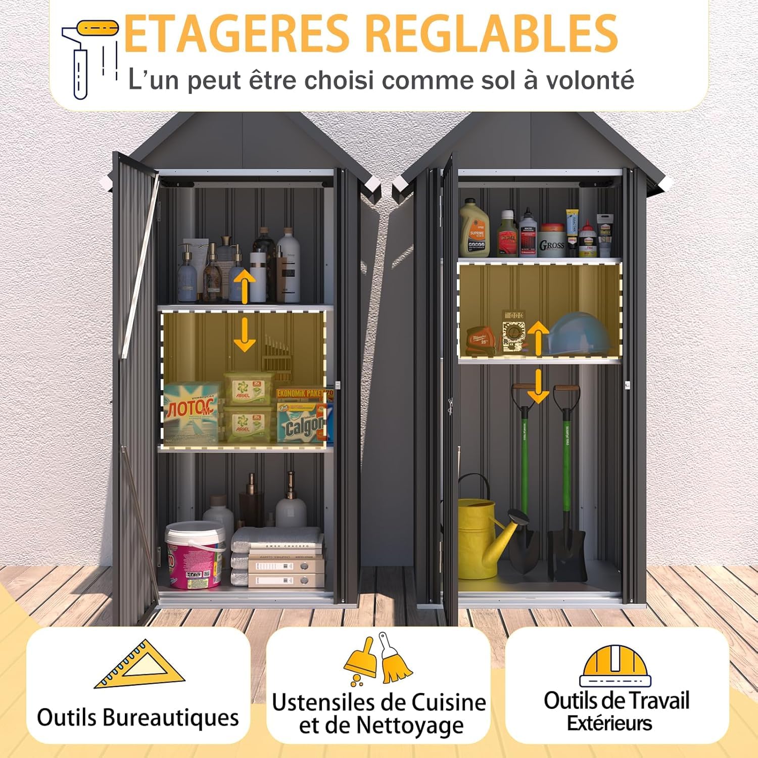 YODOLLA Abri de Jardin Métal,Cabane de Rangement Tout Climat,Armoire Jardin | Résistant aux Intempéries (Pluie, Vent, Soleil),Porte Fermeture Sécurisée et 3 Étagères Amovibles,76x55x178cm, Gris foncé
