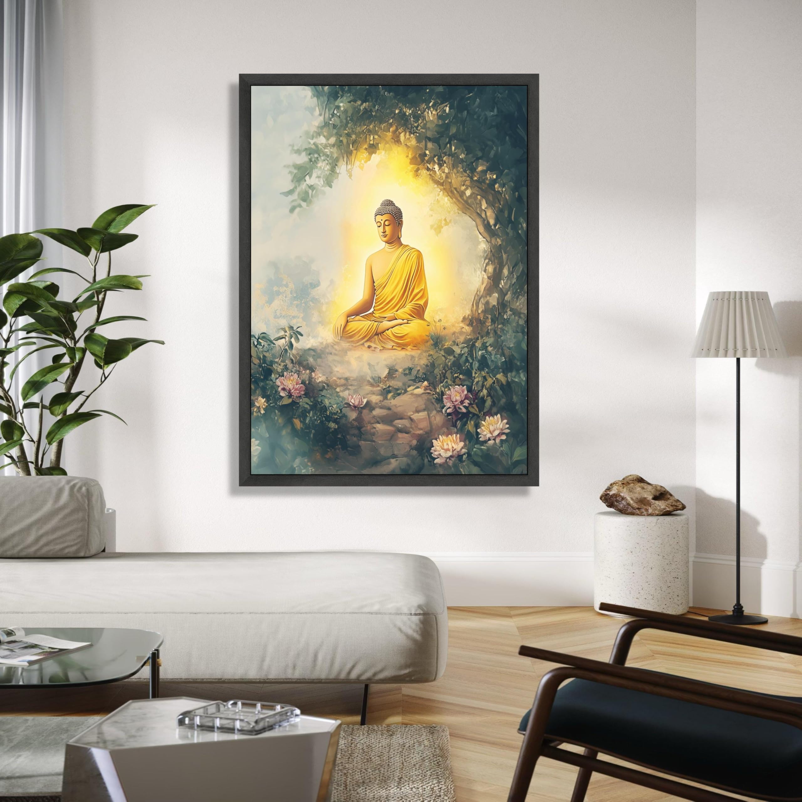 YUSUZHU Buddha in meditazione in un giardino tranquillo, arte murale spirituale su tela, arredamento zen per la casa, illustrazione di Buddha, poster dipinto (70x100 cm/cornice interna)