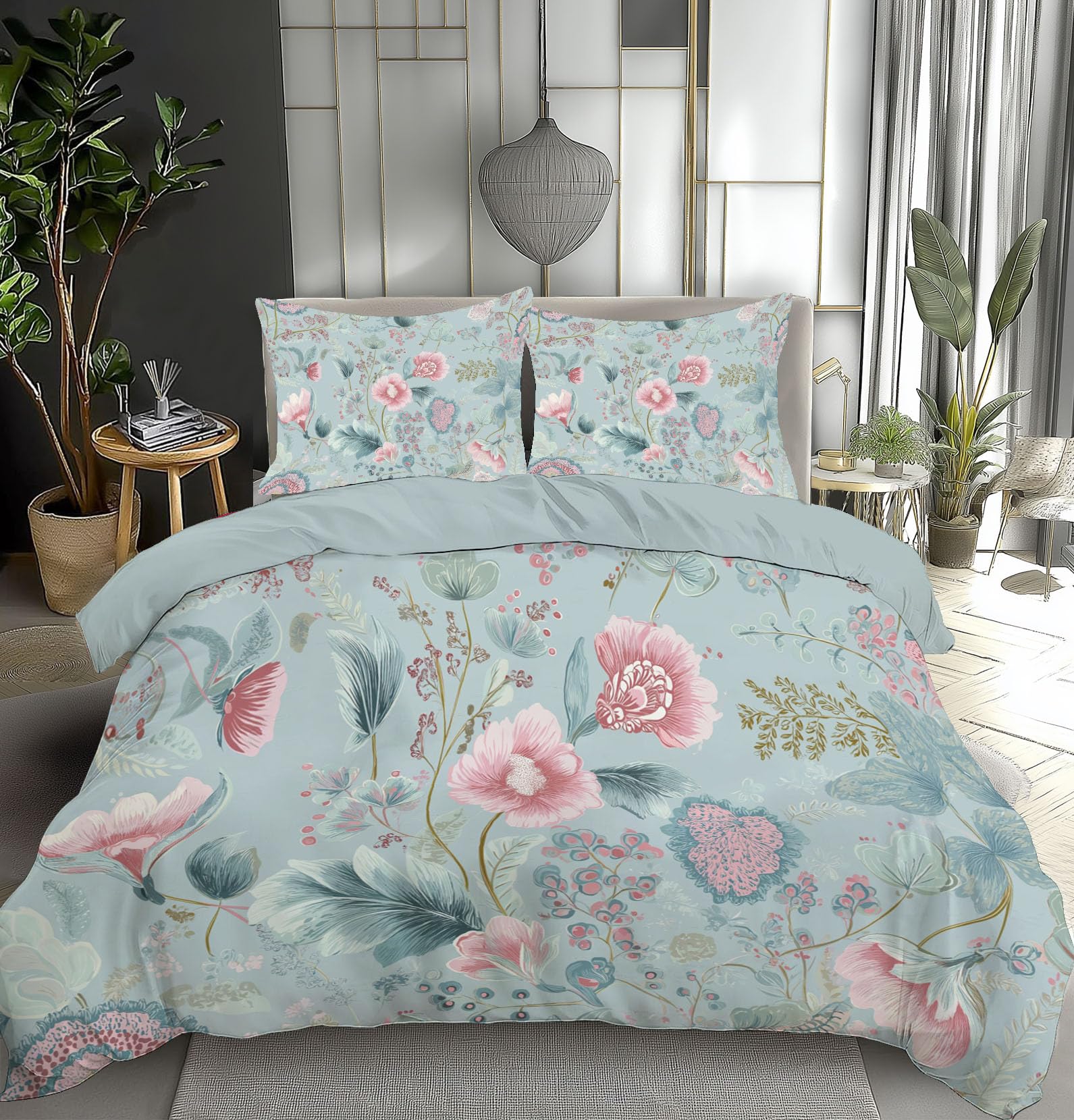 Housse de couette 240x260 fleurie bleu clair microfibre lit 2 personnes avec taies