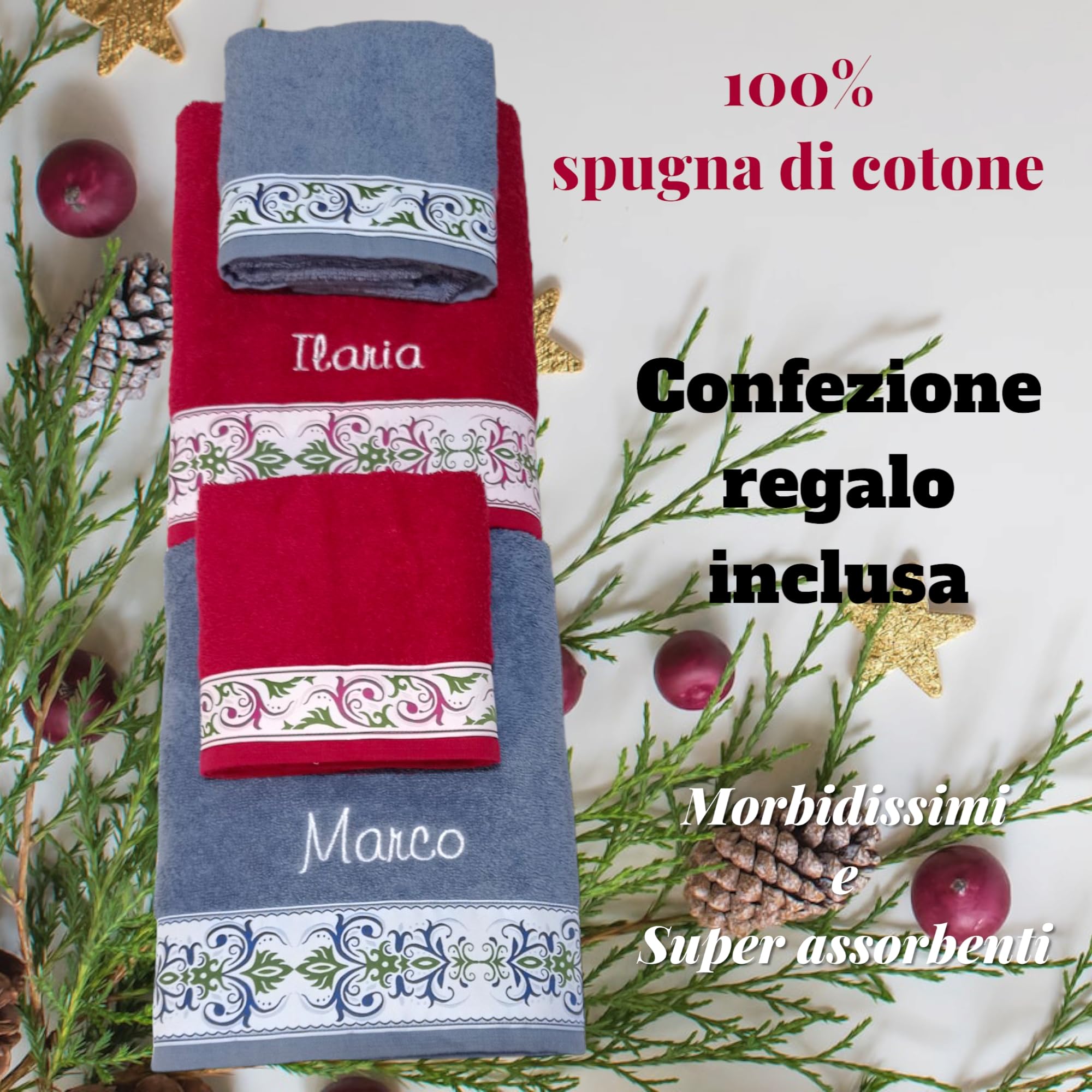 Confezione regalo asciugamani personalizzati, idea regalo per coppia. 4 asciugamani bagno con nastro jacquard e nome ricamato. (Rosso/Azzurro, Jacquard)