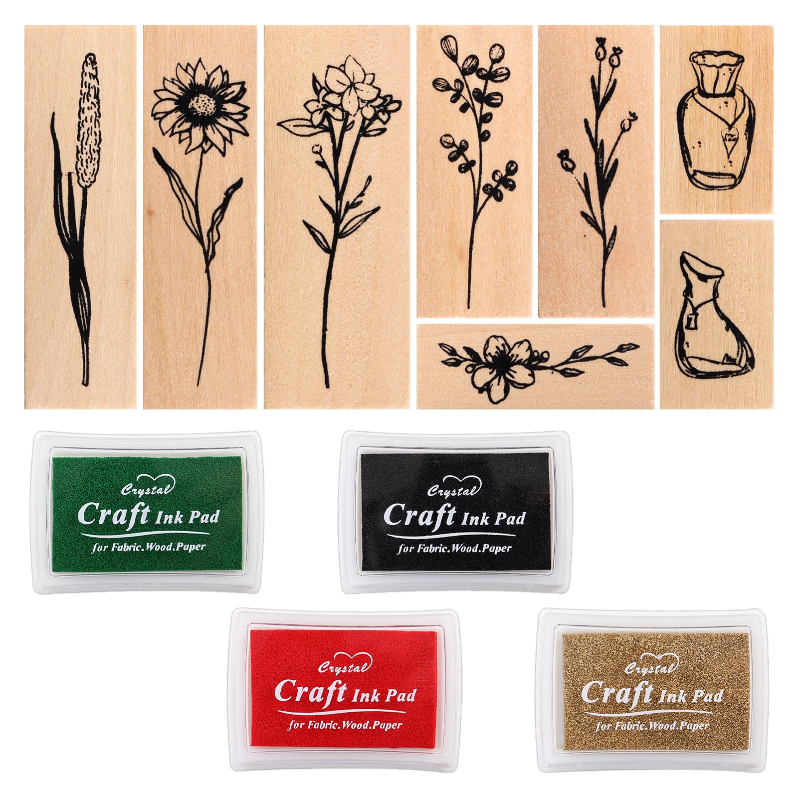 Set 12 Timbri In Legno Con Motivi Fiori E Piante - Con 3 Tamponi Inchiostro, Per Scrapbooking E Carte - Foto 10
