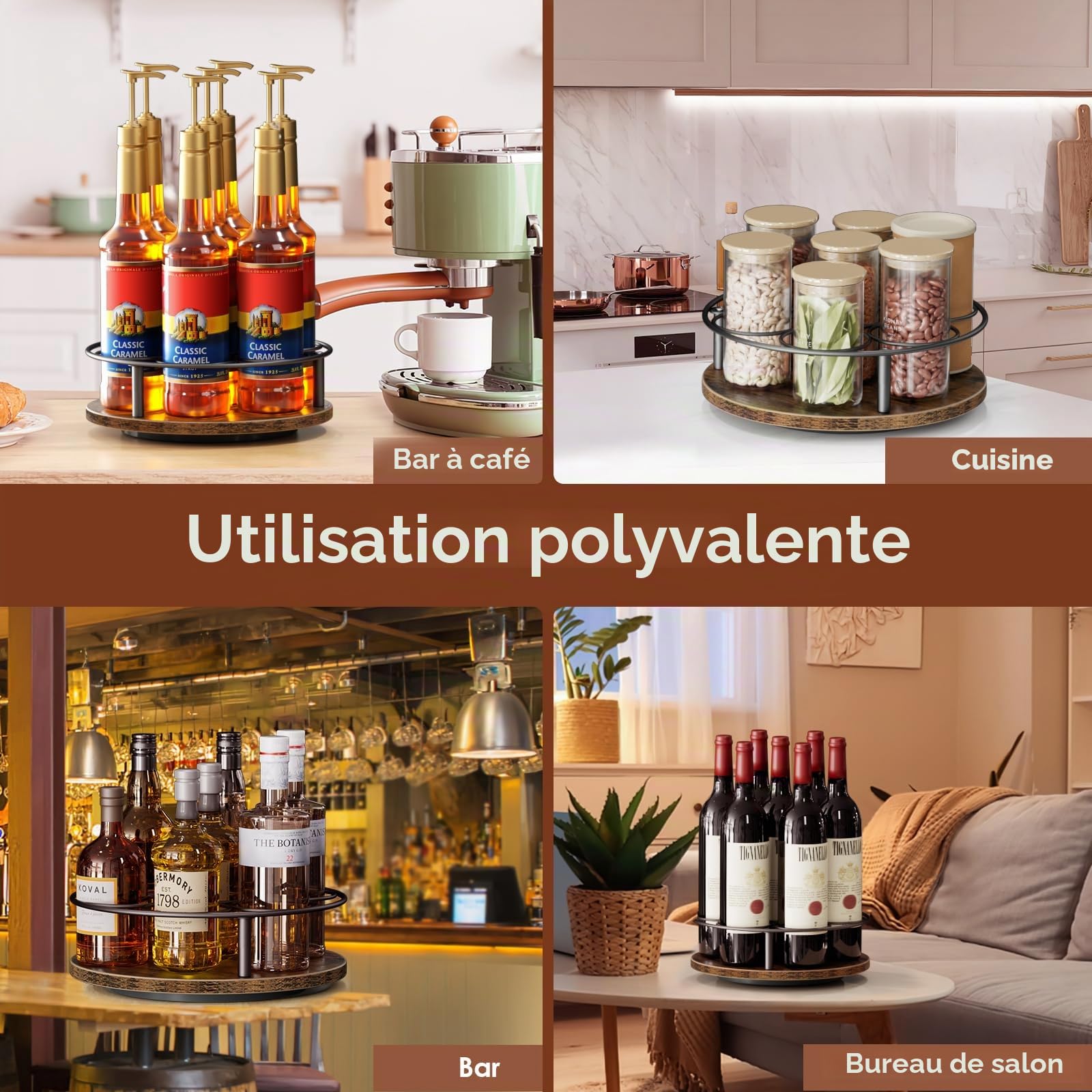 Nuovoware Support Rotatif 7 Bouteilles Sirop Café, Support en Acier au Carbone avec Base en Bois Support pour Bouteilles de Sirop de Café pour Sirops Aromatisés Thermos Liquor de Table, Noir+Marron