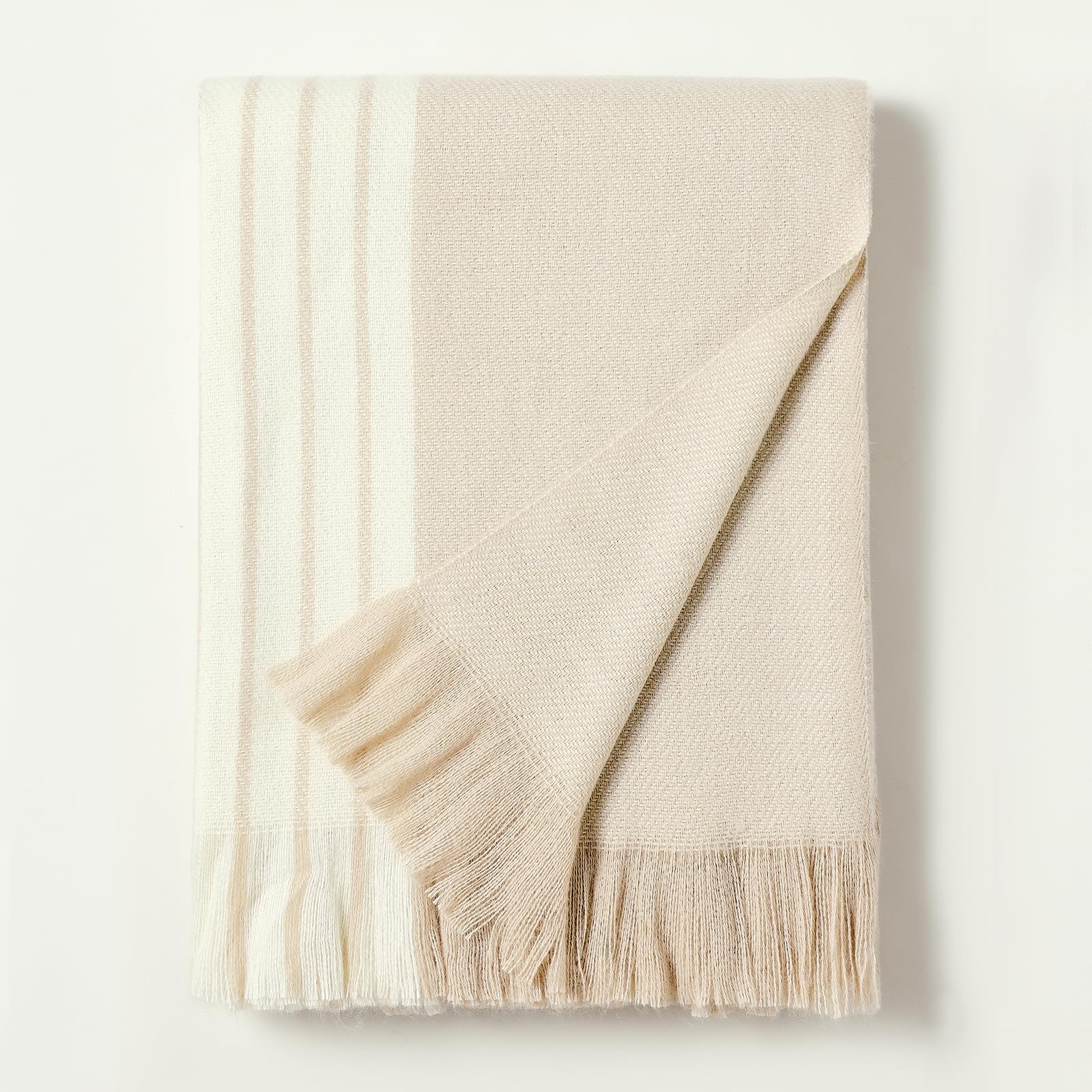 BOURINA Brushed Stripe Knit Fringe Throw Blanket Beige 127x152cm — image 1