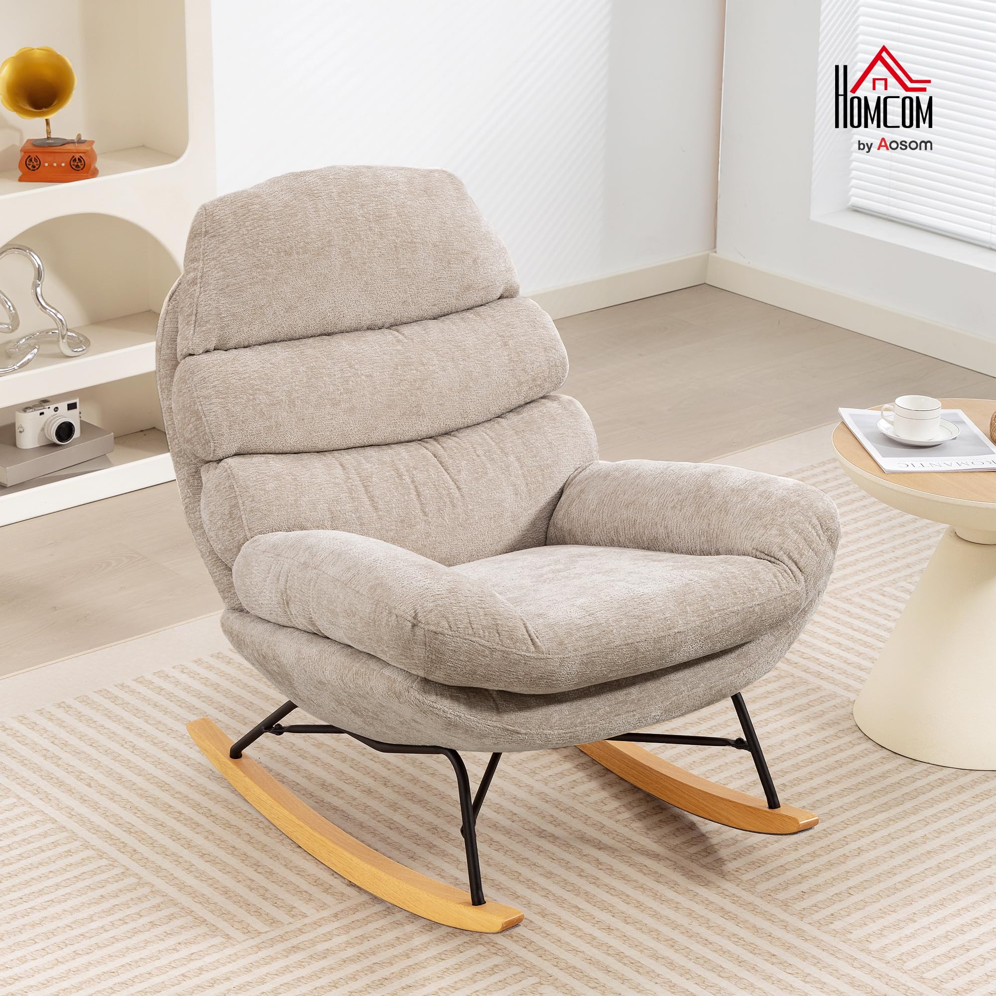HOMCOM Schaukelstuhl Schaukelsessel mit Rückenlehne Schneidersitz Sessel, gepolstert Relaxsessel mit Chenille-Optik, Holzgestell Schwingsessel, Lesesessel für Wohnzimmer, Cremeweiß