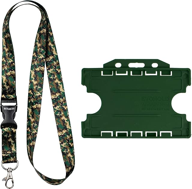 Rolseley Lanyard Neck Strap Camouflage Pattern with Metal Clip + Dark Forest Green Double-Sided Card Holder