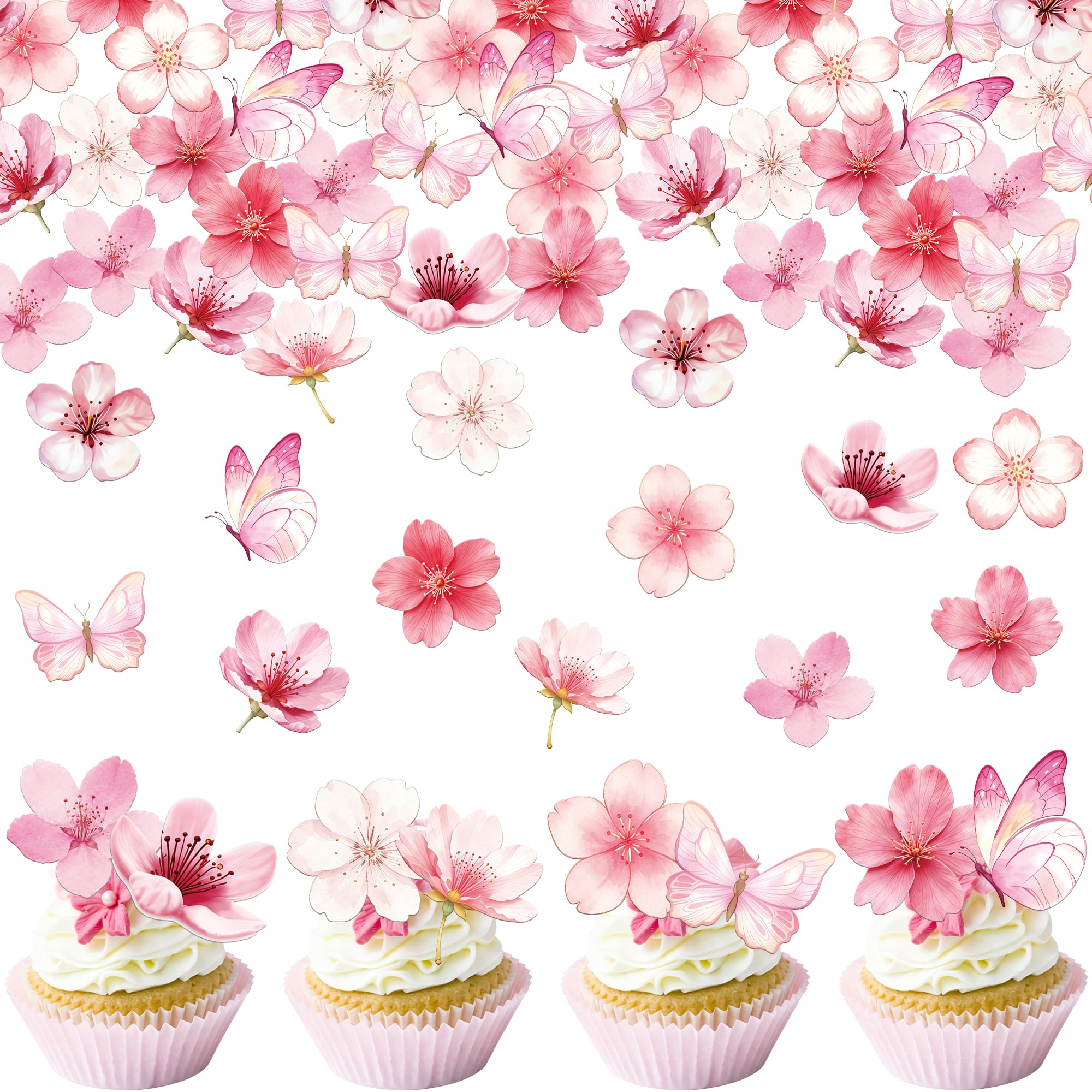 Xsstarmi 60 Pack Edible Cherry Blossoms Cupcake Toppers Rice Paper Butterfly Flowers Cake Decorations for Baby Shower Wedding Kids Birthday Party Supplies