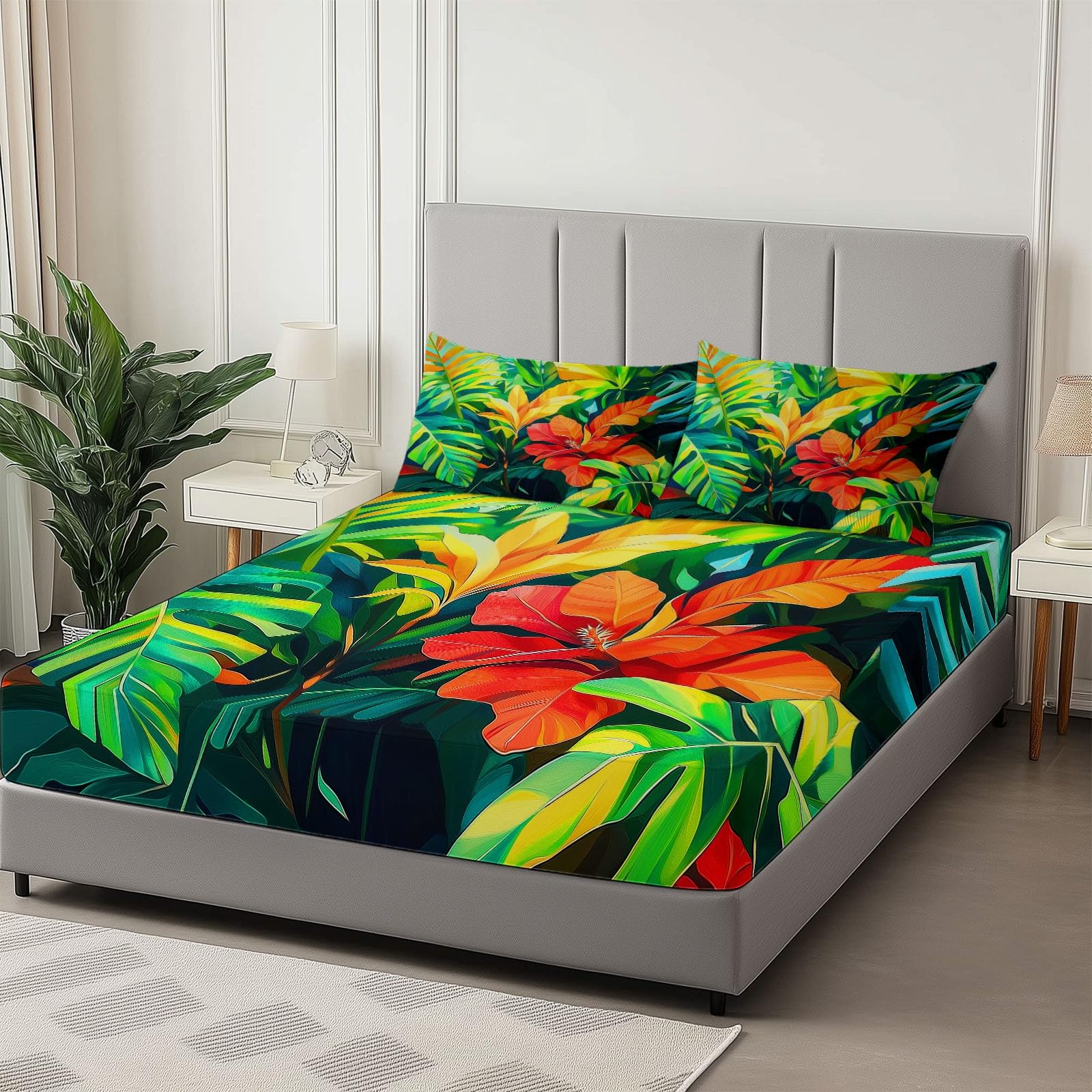 Drap Housse 160 x 200 cm avec Bonnet 30 cm, Plantes Tropicales Fleurs Feuilles Drap Housse Enfant, Drap Housse Matelas Epais Vert Sauge, Microfibre Brossée avec Une Rebord Élastique