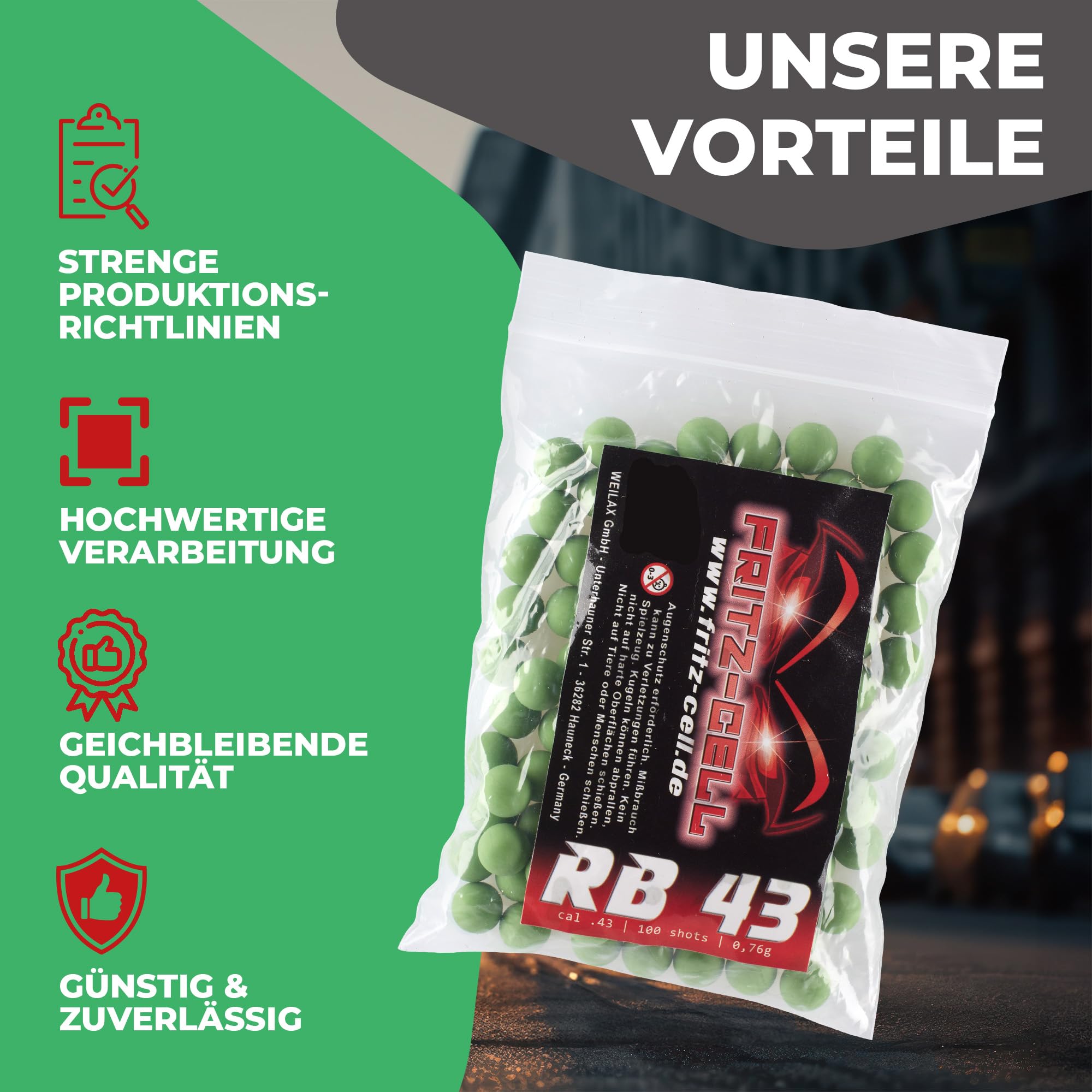 500 x RB Cal.43 grün Rubberball Gummigeschosse Fritz-Cell kompatibel mit T4E HDR50 / HDP5