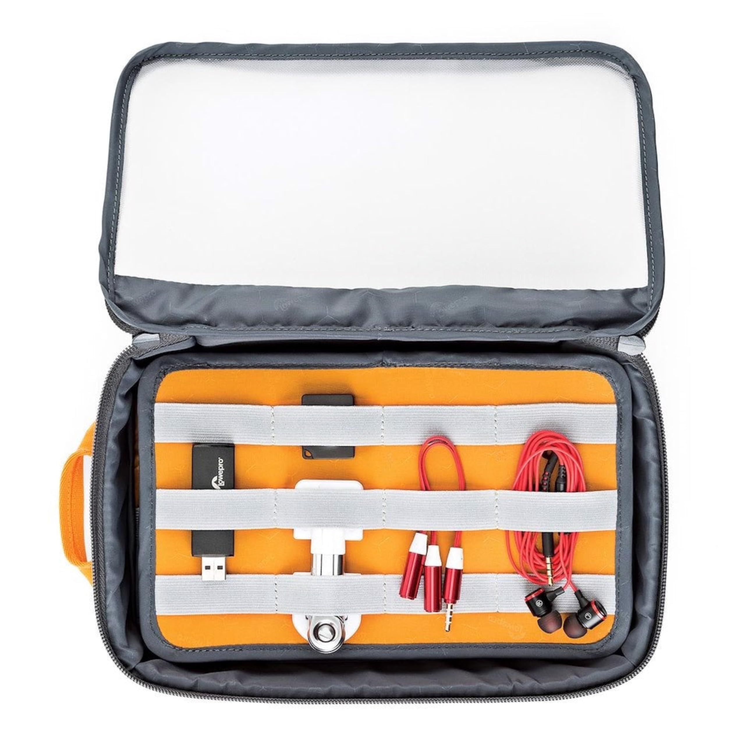 Lowepro Gearup duża torba, walizka podróżna na kable komputerowe, adaptery, akumulatory, ładowarki, małe aparaty fotograficzne i klucze USB, wykonana z tkaniny z recyklingu, szara