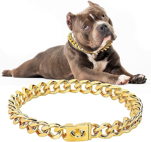 Collar de cadena de oro para perro, collar de cadena de metal de 18 quilates, collar de perro con eslabones cubanos con diseño de hebilla segura