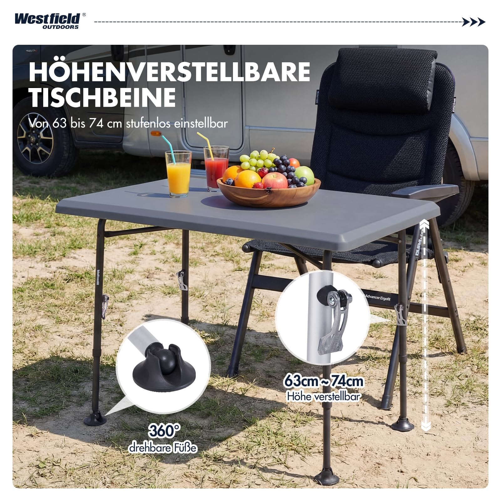 Westfield Outdoors Resino, Campingtisch klappbar Höhenverstellbar Klapptisch 100x68cm für 4-6 Personen, Robuste ABS-Tischplatte, Wasserdicht & stabil, für Camping, Garten, Picknick, Grau