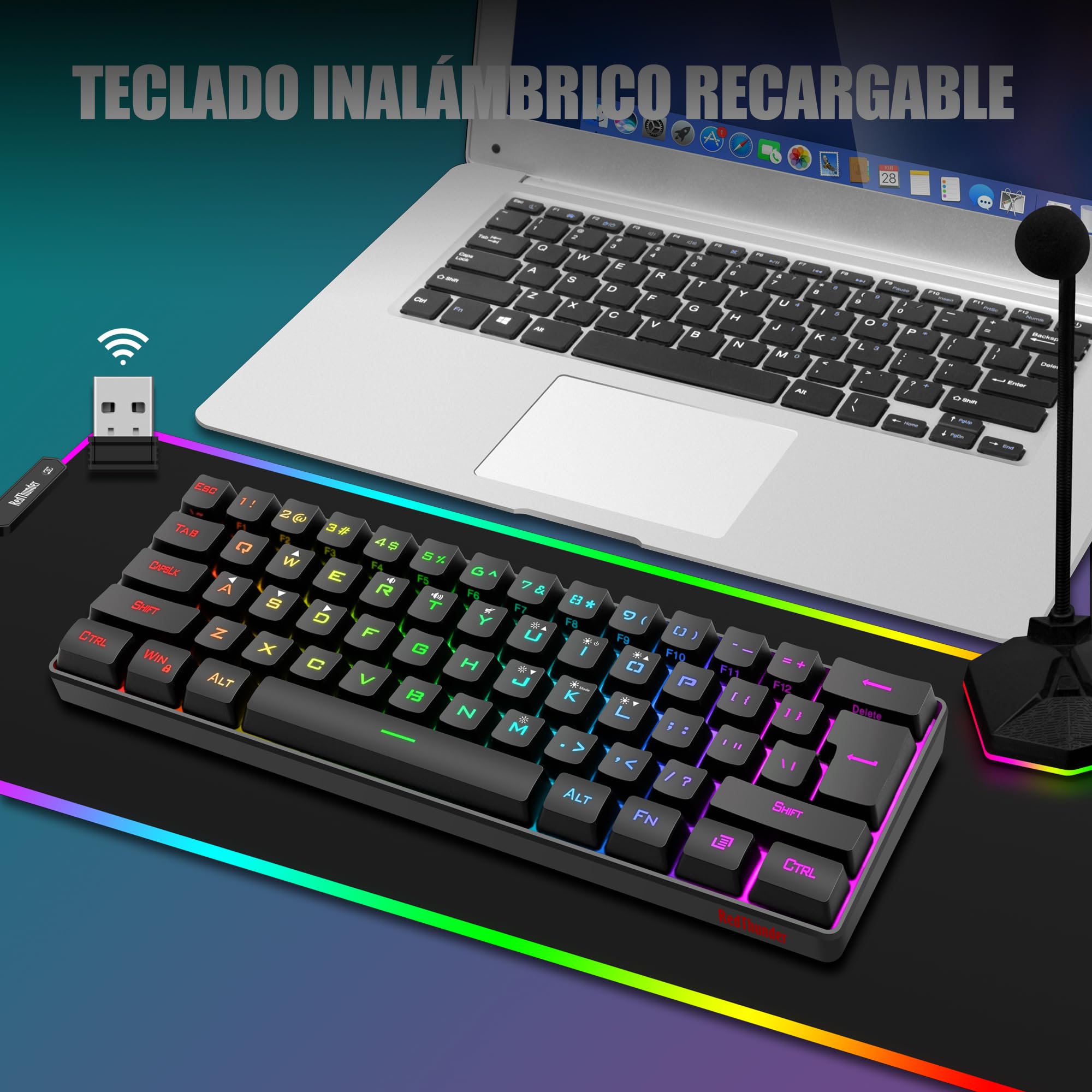 RedThunder K62 - Tastiera e mouse da gaming RGB 60% in lingua spagnola, mini tastiera ultra compatta retroilluminata ed ergonomica, mouse da gaming ottico 7200 dpi, compatibile con PC, PS5, Xbox (nero
