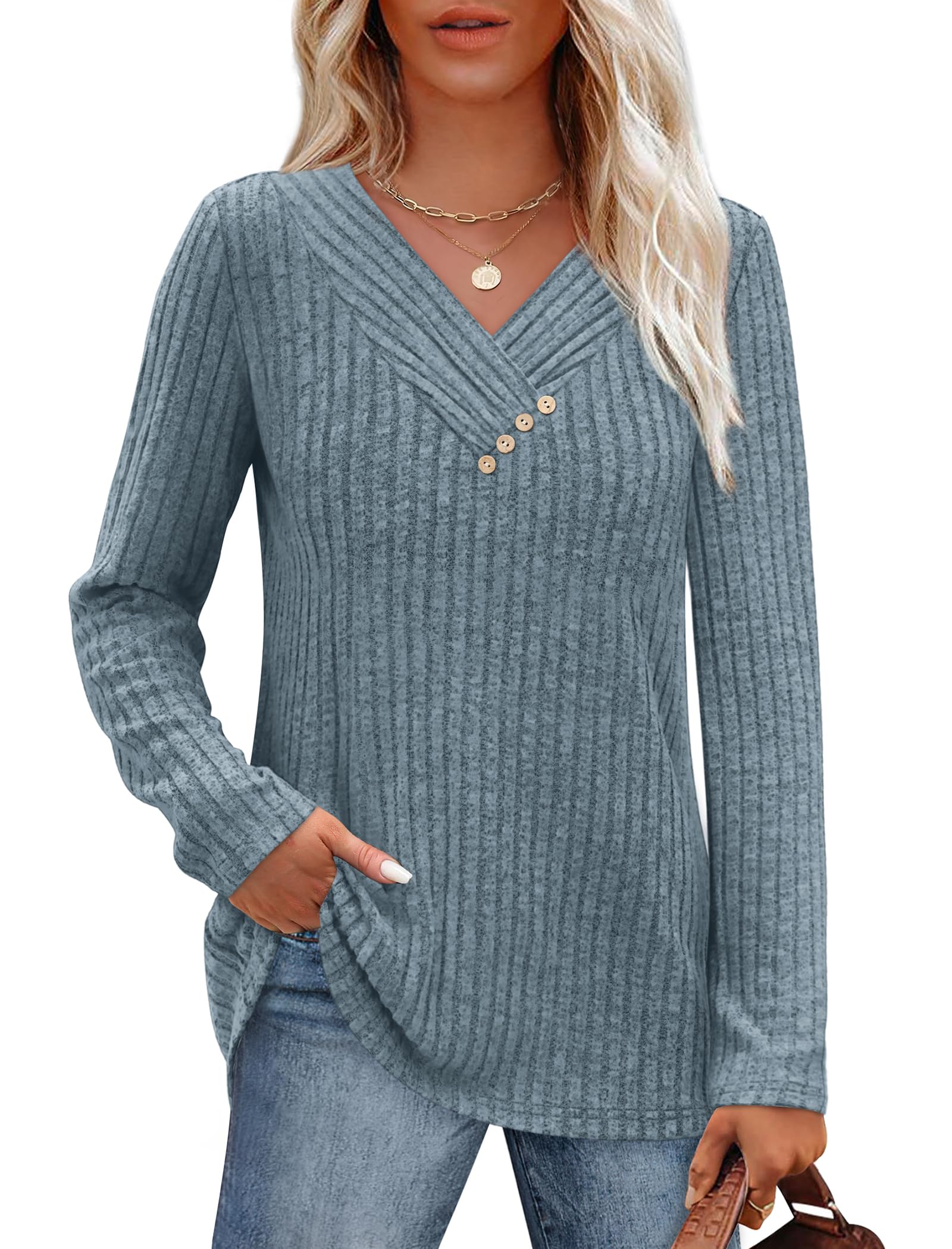 SAMPEEL Sweaters for Women Long Sleeve Shirts V Neck Tops with Buttons